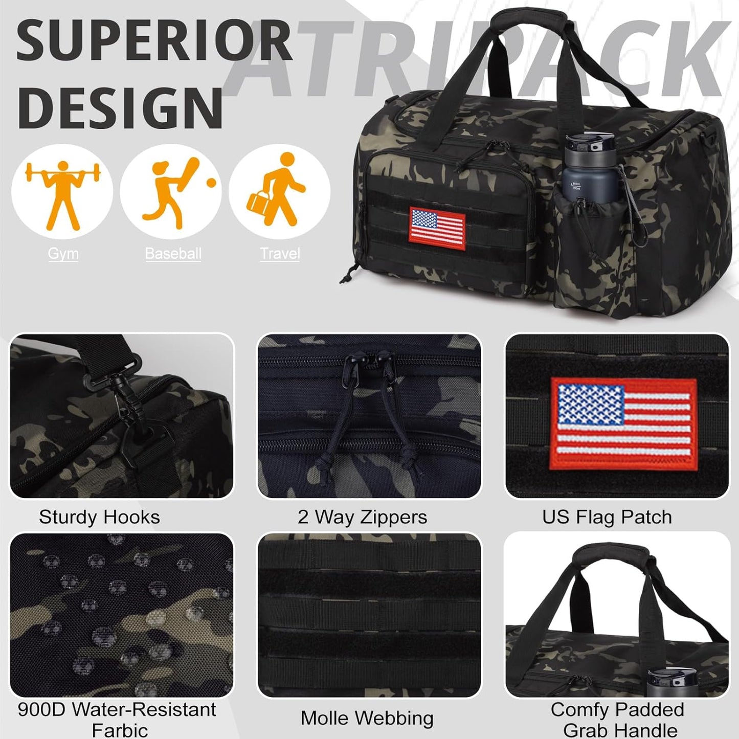 Tactical Gym Bag for Men, 60L Large Capacity Duffle Bags with Shoes Compartment, Sports Bag with wet compartment, Multi-functional Weekend Bags Suitable for Travel, Camping,hiking