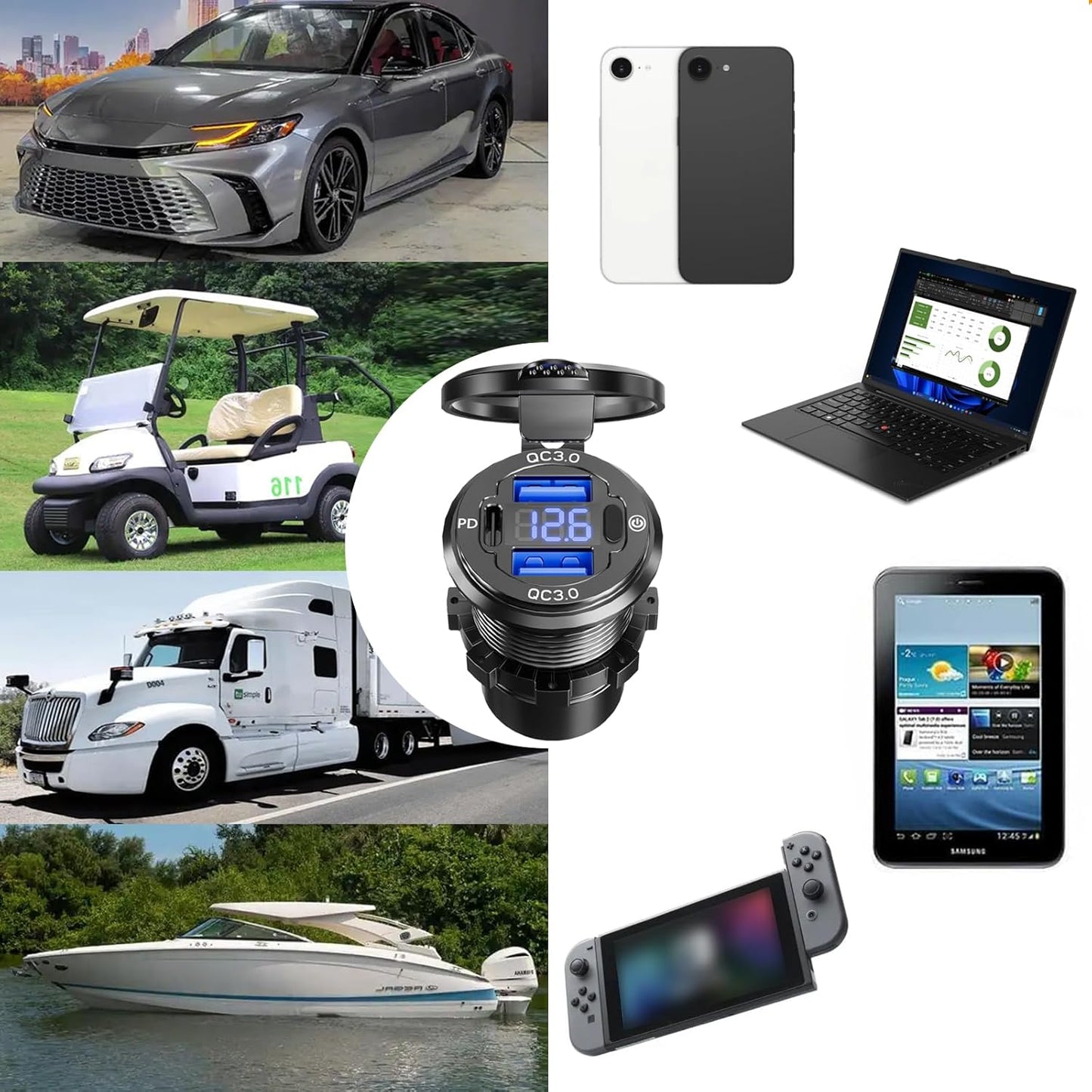 12V USB Outlet, VANONE Aluminum Alloy Dual 18W QC3.0 Ports & 36W PD USB Charging Port 12 Volt Outlet Charger Socket, Accessories for Car Boat Marine Motorcycle RV ATV Truck Golf Cart, etc