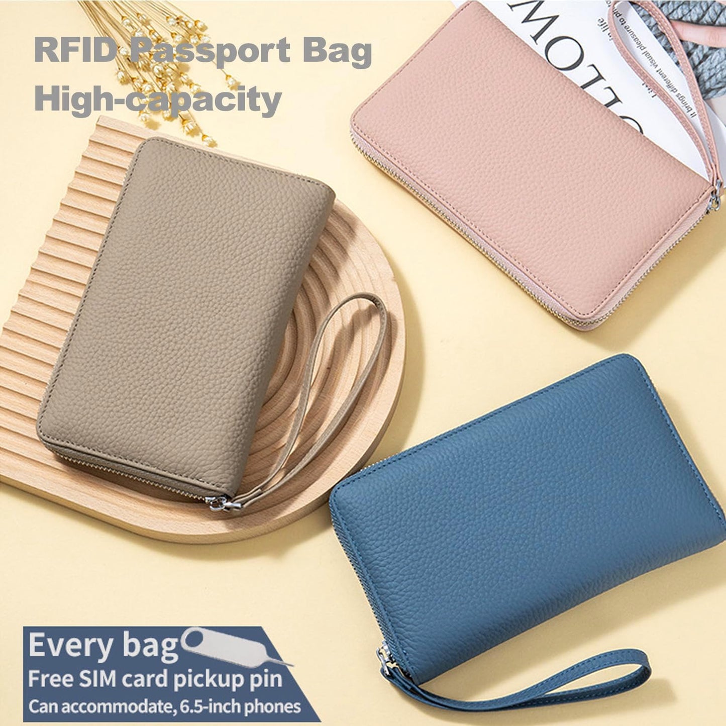 Leather Travel Wallet, RFID passport wallet for travel, with Zippered Pocket and Cash Slot, for Secure Traveling and Documentation Organizer (Eephant Grey)