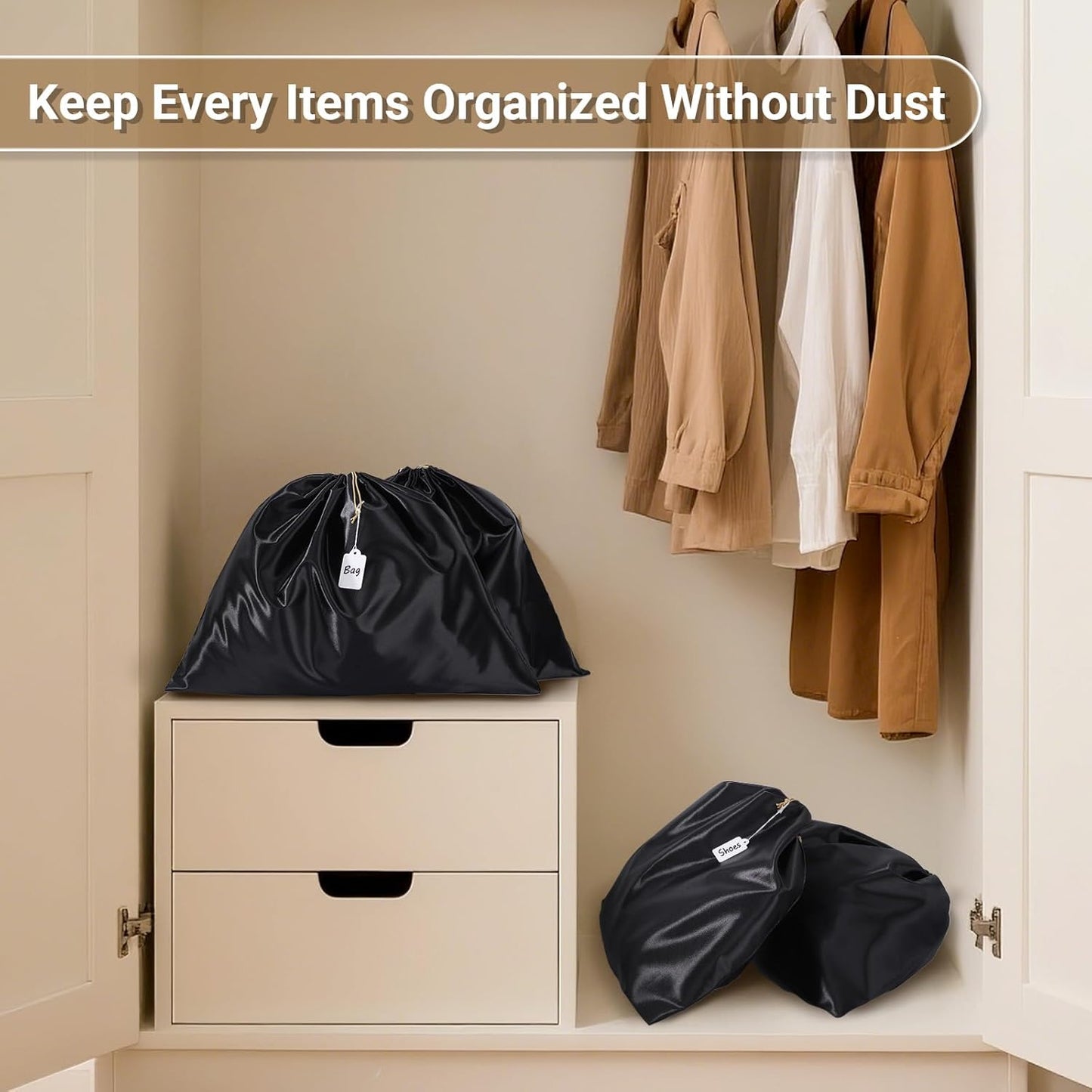 Ewen 19.6x15.7in Dust Bags for Handbags, 7 Pack of Black Dustproof Silk Bags with Drawstring for Travel, Purse Wallet Bags for Storage, Satin Covers for Shoes and Boots, Pouches Organizer for Closet