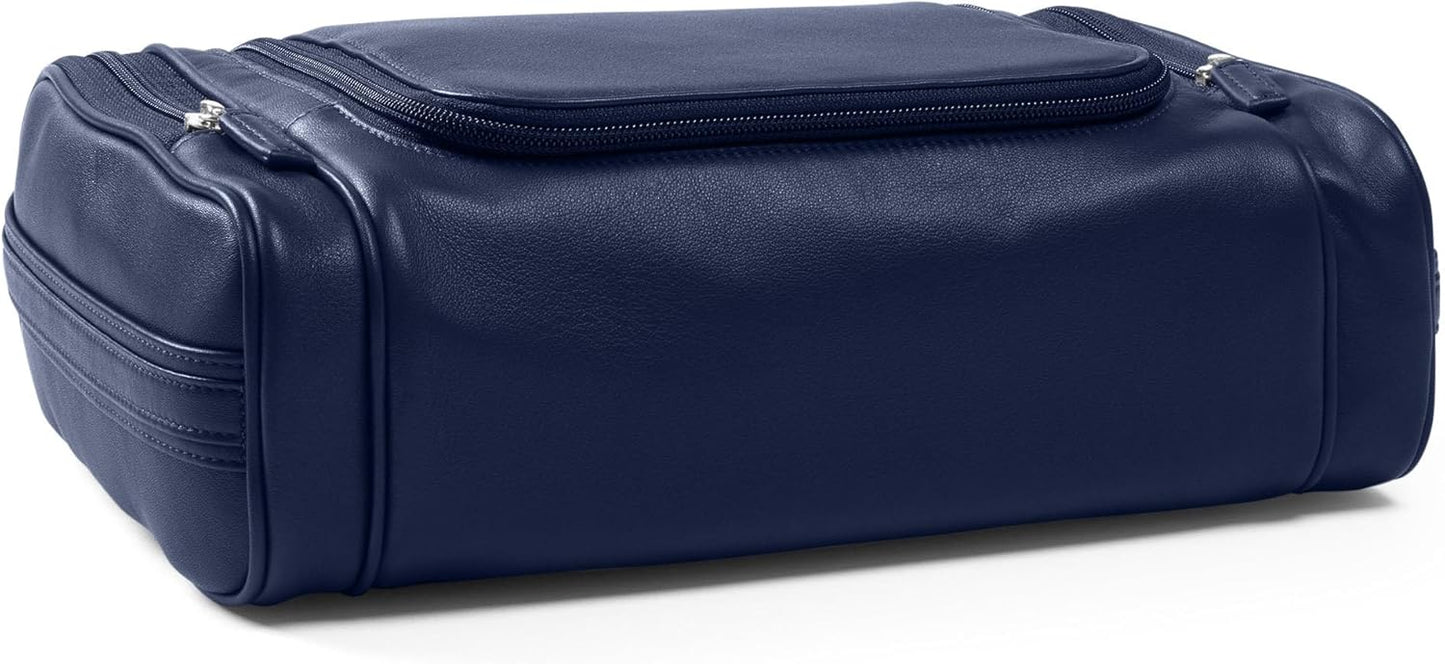 Leatherology Navy Blue Hanging Toiletry Kit – Full Grain Leather Travel Organizer with Hanger and Multiple Storage Compartments