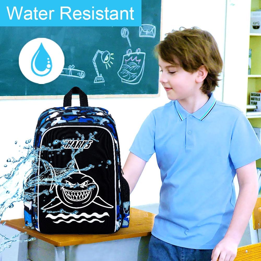 17 Inches Glow in The Dark Shark Backpack for Boys, 3Pcs School Bookbag Set for Teens, Laptop Backpacks with Lunch Bag(Blue)