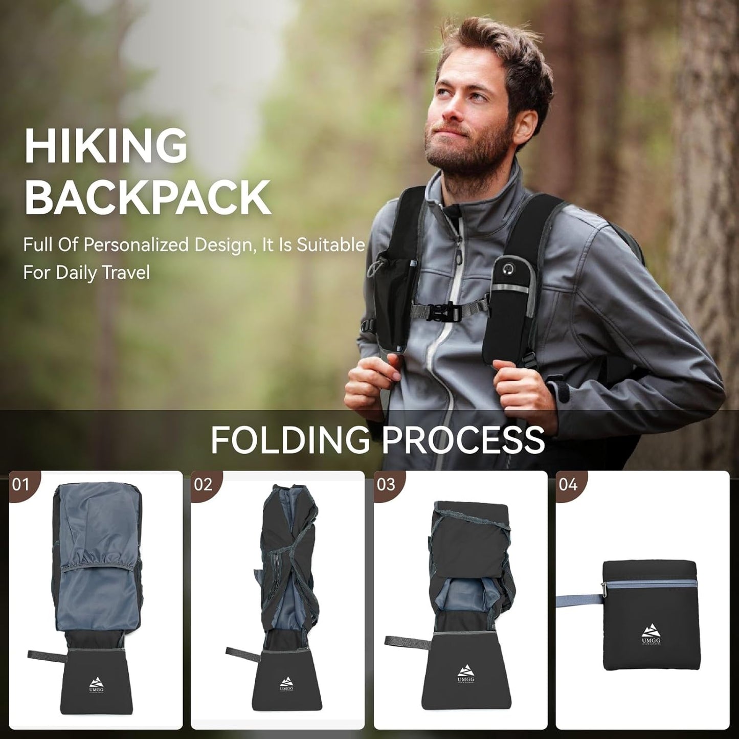 15L Small Hiking Backpack for Men Women Lightweight Packable Backpack Foldable Casual Daypack for Camping Travel Outdoor, Black