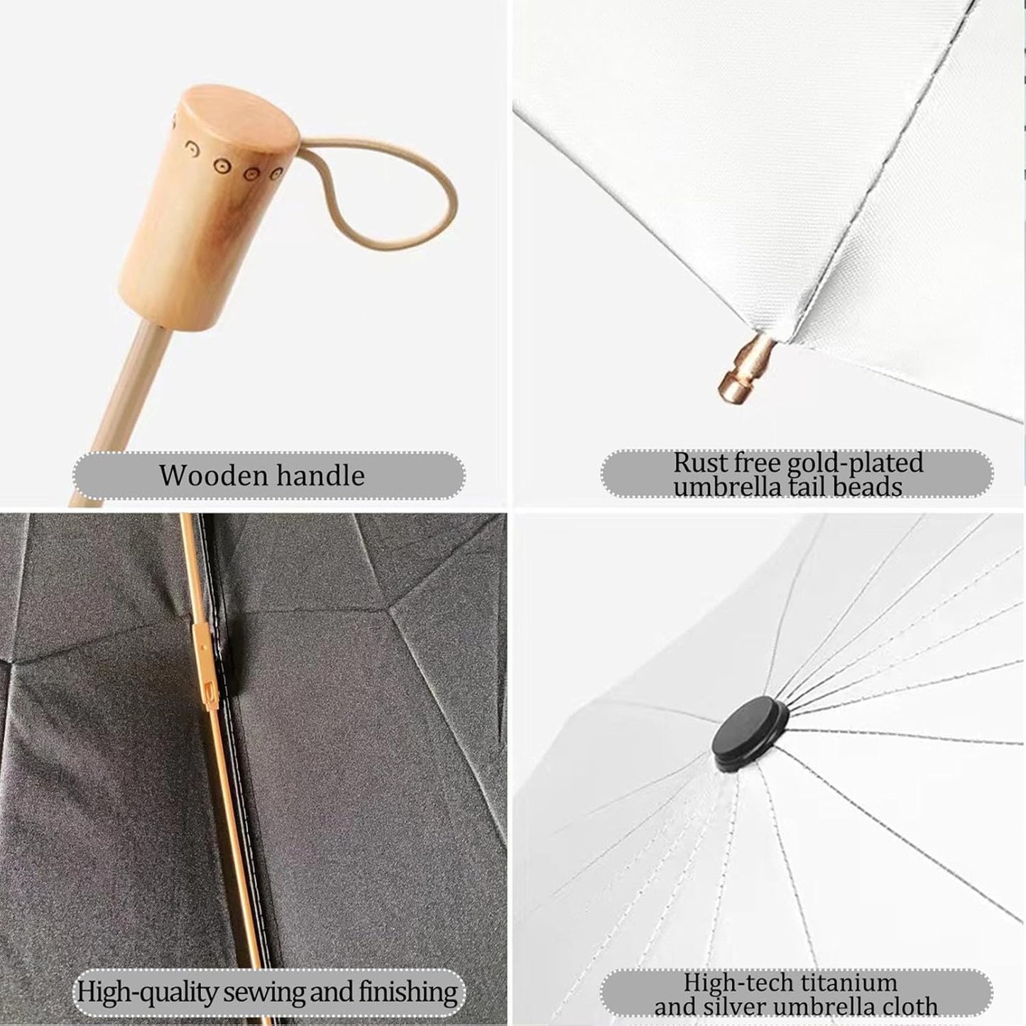 Folding umbrellas for rain and sun UPF 50+ UV Protection Windproof waterproofing and Strong Travel Essentials for Men Women 16 Ribs Wooden Handle Black Umbrella