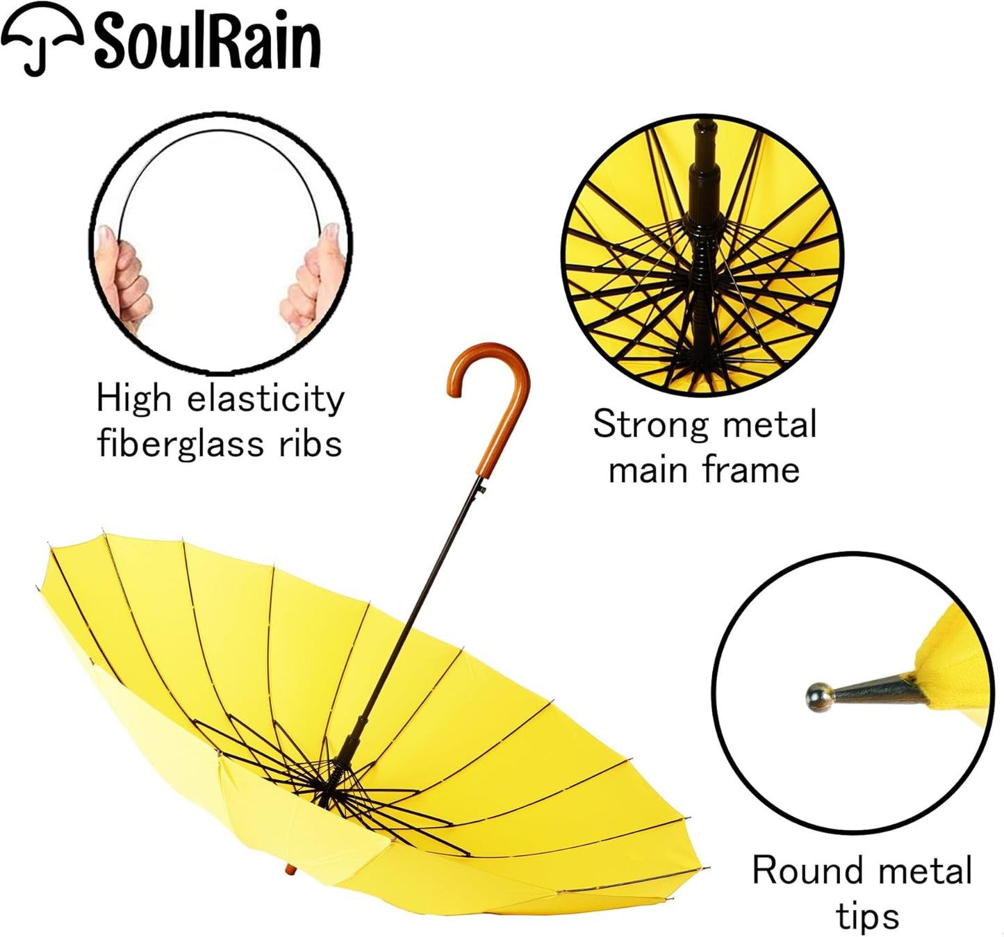 SoulRain 16 Ribs 48" Stick Umbrella Auto Open Solid Color Fashionable and Simple,Arc Classic Wood Handle,Windproof Unbreakable Stick Rain Umbrella