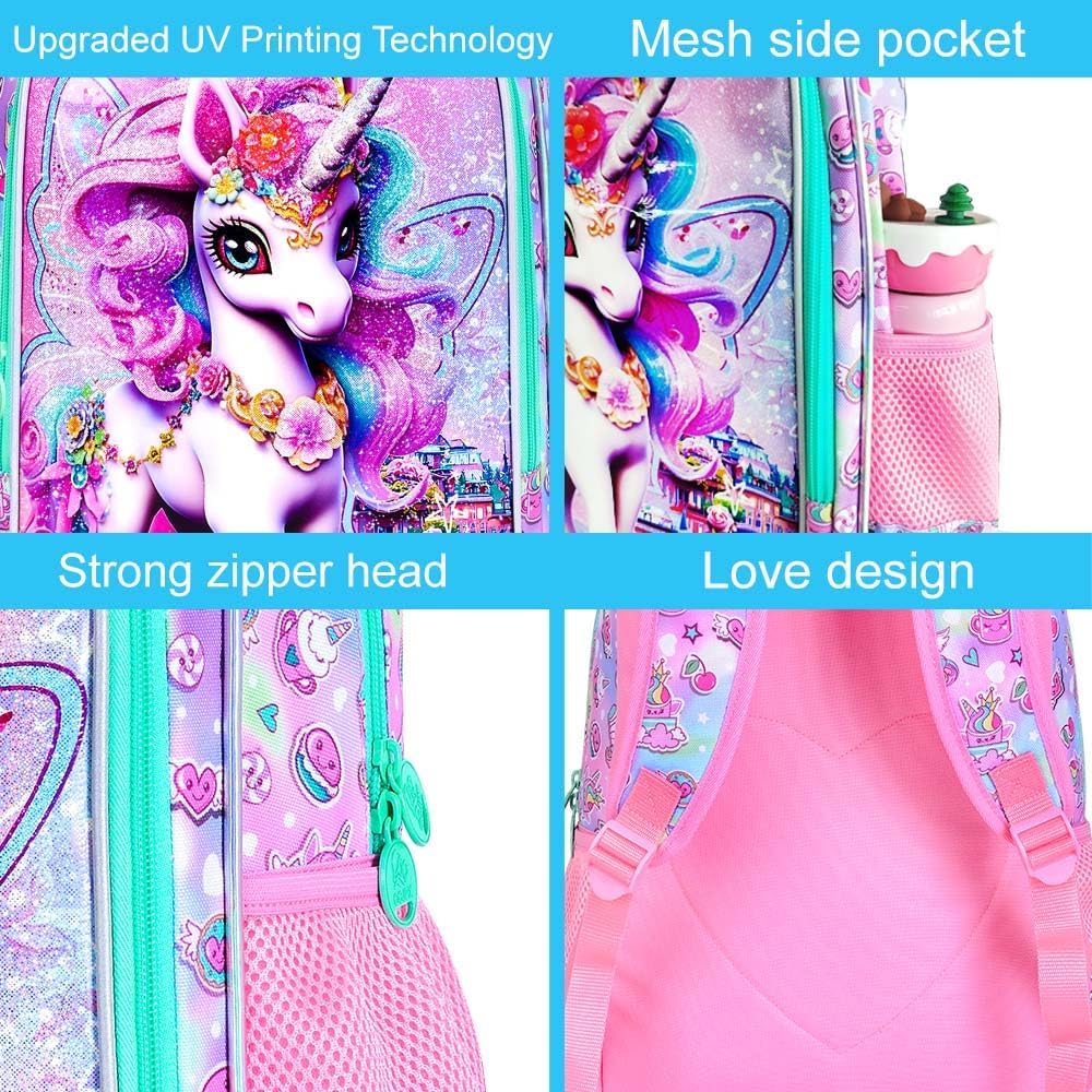 16" Unicorn Backpack, 3Pcs School Bookbag for Girls with Lunch Box, Kids Backpacks for Elementary Preschool Kindergarten(Pink)