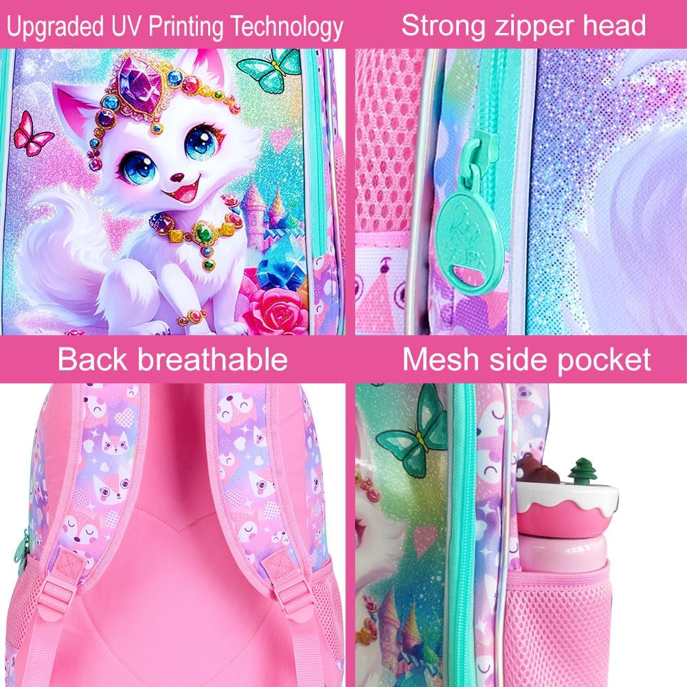 16" Fox Backpack for Girls, 3Pcs Kids Bookbag for Elementary Preschool Kindergarten, School Backpacks with Lunch Box(Pink)