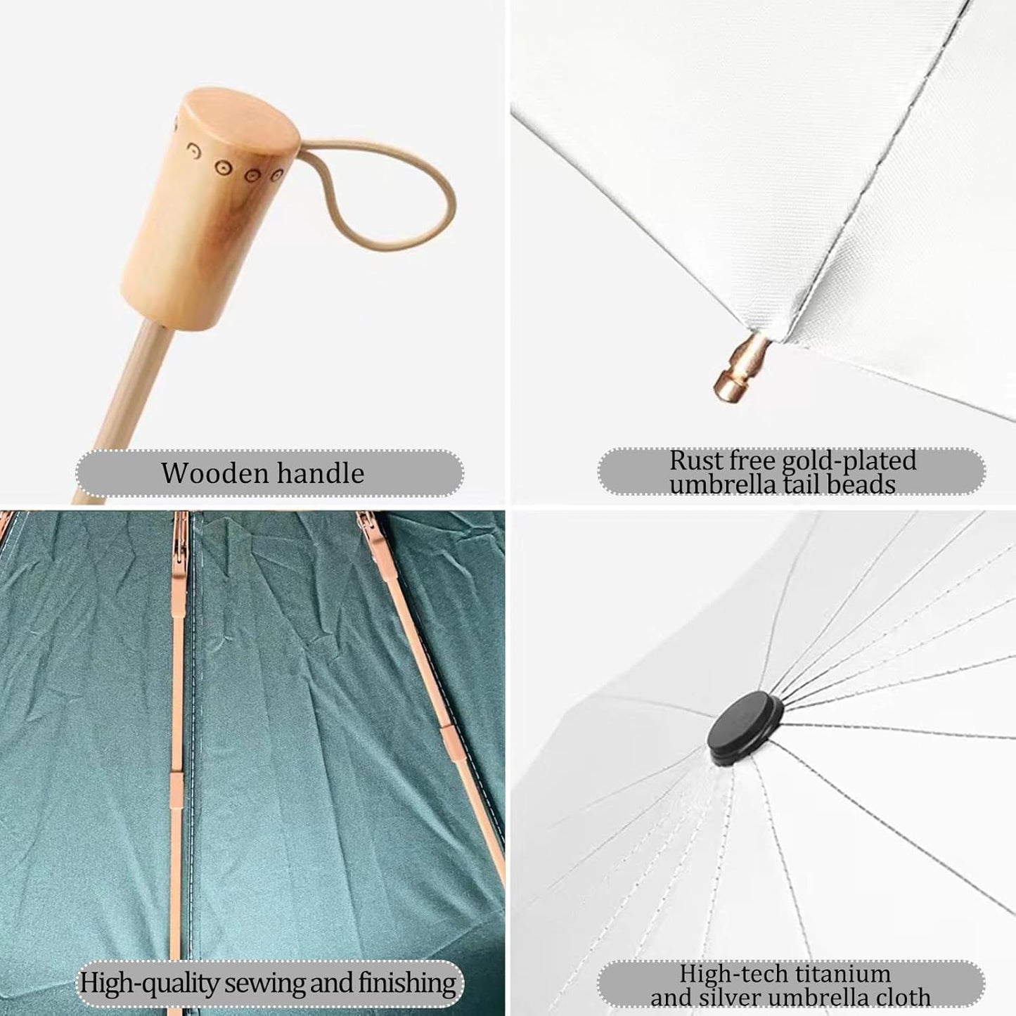 Folding umbrellas for rain and sun UPF 50+ UV Protection Windproof waterproofing and Strong Travel Essentials for Men Women 16 Ribs Wooden Handle