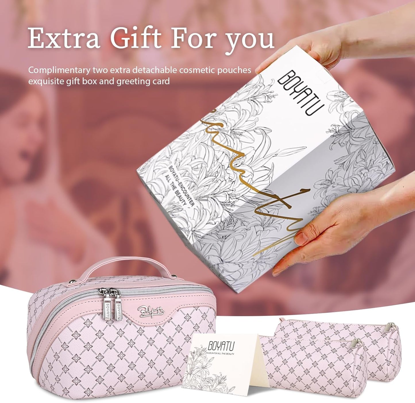 BOYATU Travel Makeup Bag Cosmetic Bags for Women: 3 Pcs Set Portable Make up Bag with Handle - Vegan Leather Toiletry Bags with Compartments - Makeup Organizer for Travel Essentials(A-2-Pink)