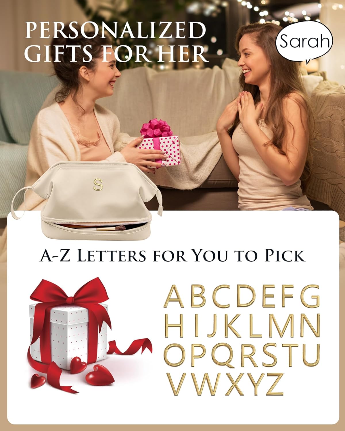 Teacher Appreciation Gifts-Initial Large Makeup Bag, Double Layer Cosmetic Bag with Makeup Brush Organizer, Birthday Gift Bag for Women/Girl PU Leather Toiletry Bag