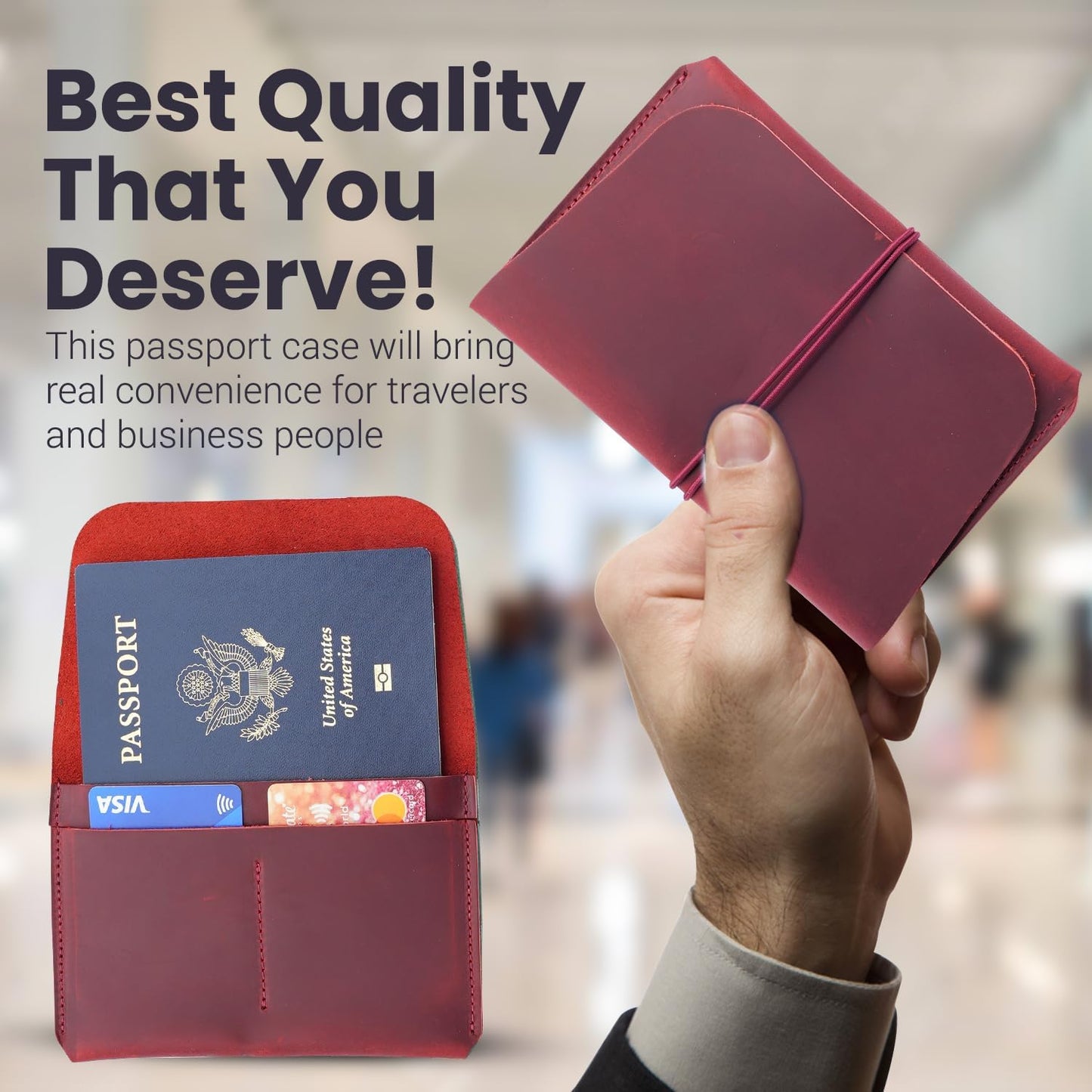 Leather Passport Holder with Travel Wallet, Genuine Leather Passport Cover- Passport Wallet, Leather Folding Wallet for Passports (Strap, Red)