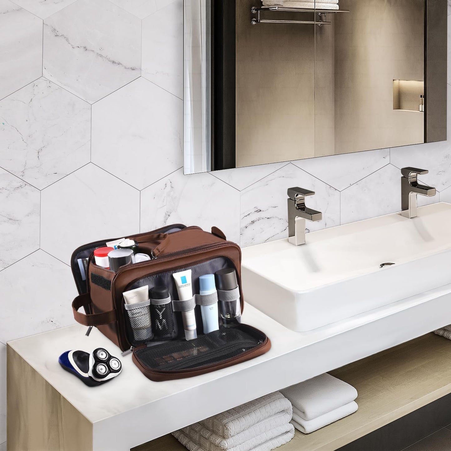 Buruis Extra Large Toiletry Bag for Men, Travel Toiletry Organizer Dopp Kit Water-resistant Shaving Bags, PU Leather Cosmetic Bathroom Shower Bag for Toiletries, Grooming, Accessories (Brown)