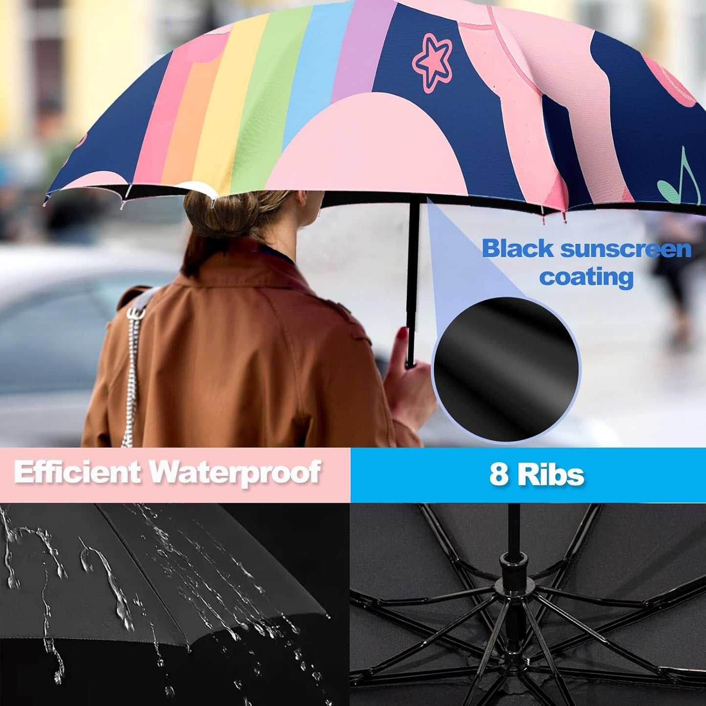 Small Travel Folding Umbrella for Girl, Portable, UV, SunShade, Compact, Automatic, Rain & Wind