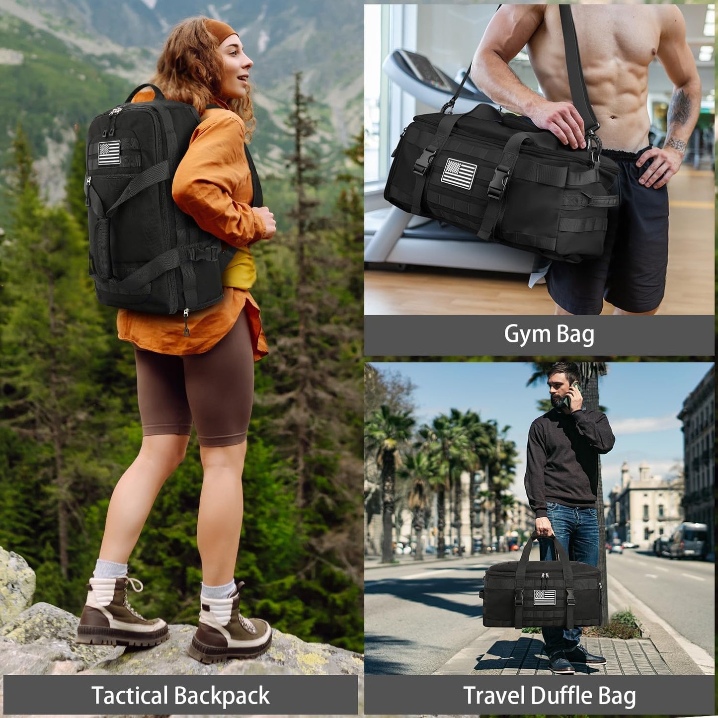 ETRONIK Gym Bags for Men Women, Tactical Duffle Bag Backpack with Shoe Compartment, 3 in 1 Carry on Travel Backpack with Wet Pocket, Weekender Overnight Range Bag for Workout Football Gym, Black