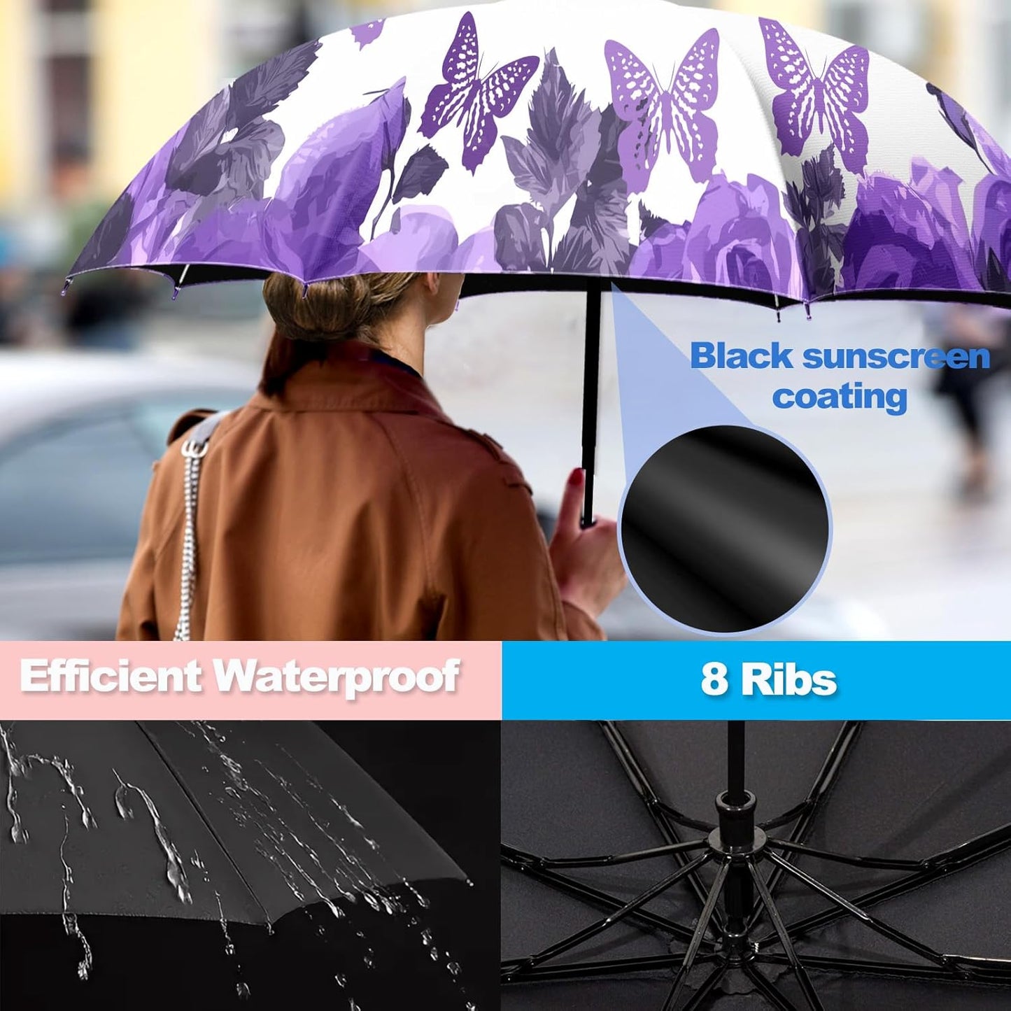 Small Travel Folding Umbrella for Girl, Portable, UV, SunShade, Compact, Automatic, Rain & Wind