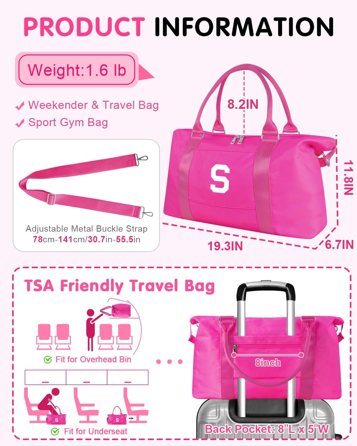 Overnight Bag for Kids Teen Girls Weekender Dance Bag Birthday Graduation Gifts,Initial Travel Duffel Bag Sports Gym Bag Personalized Weekender Bag Carry On Bags Preppy Gifts for Women(Hot Pink, S)