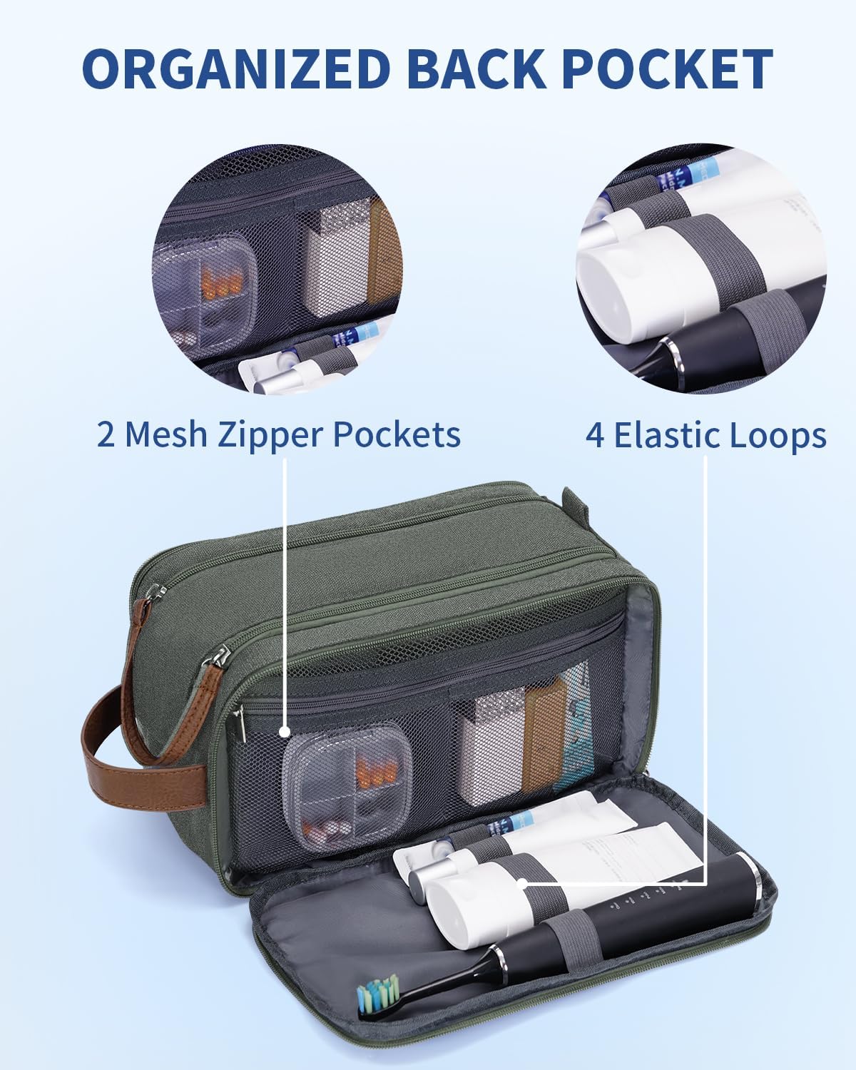 WANDF Toiletry Bag for Men Travel Toiletry Organizer Canvas and Leather Dopp Kit Water-Resistant Shaving Bag for Travel Accessories (Green, Medium)