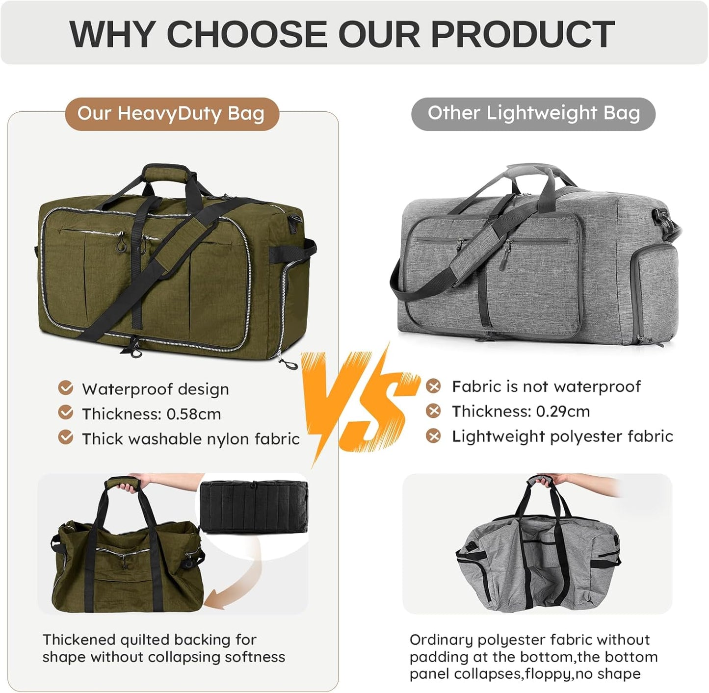 65L 25" Foldable Duffle Bag with Shoe Compartment,Lightweight Water Resistant Packable Travel Bag,Army Green