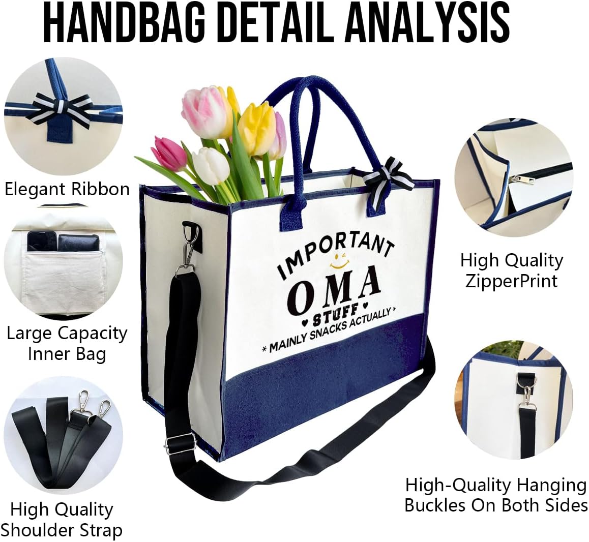 Important Oma Bag Gifts, Canvas Tote Bag for Grandma, Grandma Gifts, Cosmetic Bag, Beach Bag and Makeup bag, Travel Bag Gifts for Oma, Canvas Tote Bag With Zipper, Mothers Day Christmas Gifts A44