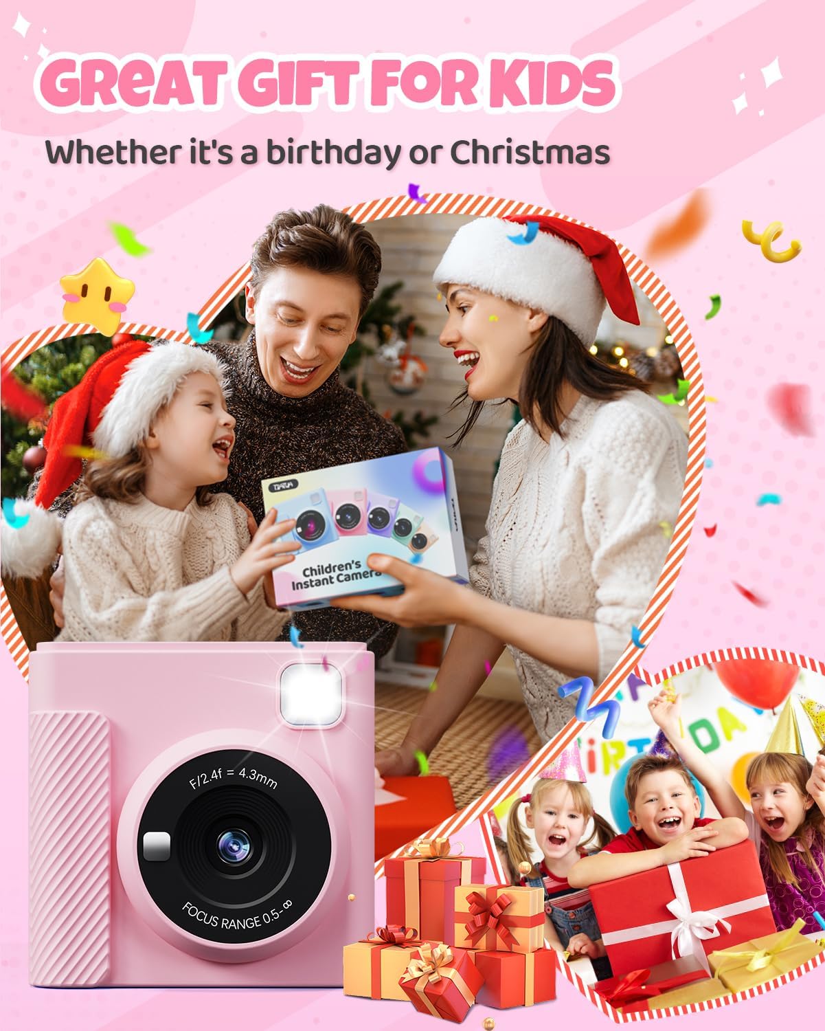 Kids Instant Print Camera, Christmas Birthday Gifts for Girls and Boys, 1080P HD Video Digital Kids Camera with Print Paper & 32G Card, Toddler Toy for 3-14 Years Old (Pink)