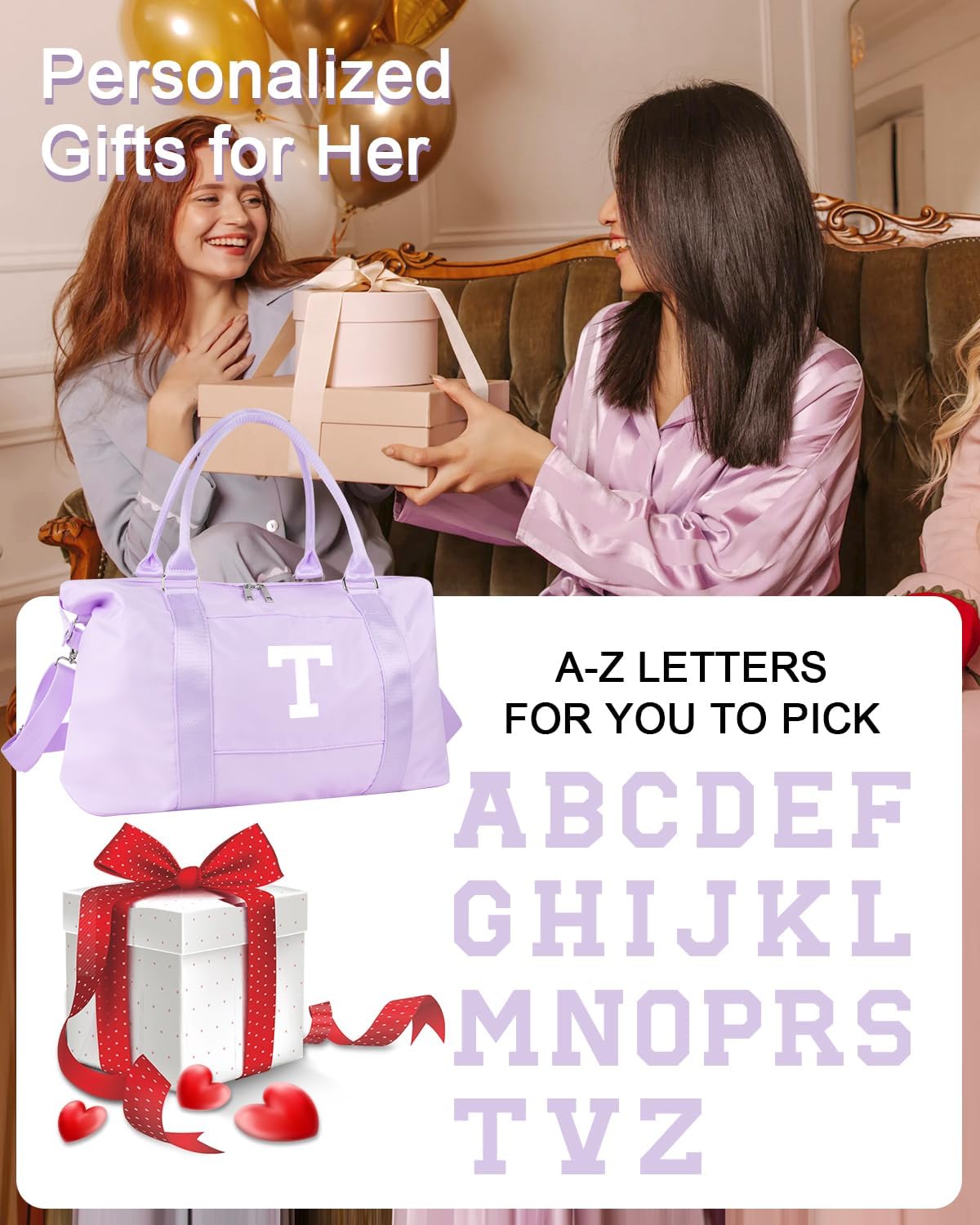 Daughter Niece Gifts for Teen Girl Kids, Initial Travel Duffel Bag Sports Gym Bag Personalized Gifts Weekender Bag,Monogram Overnight Bag Cute Dance Bag Birthday Bridesmaid Gifts for Women(Purple, T)