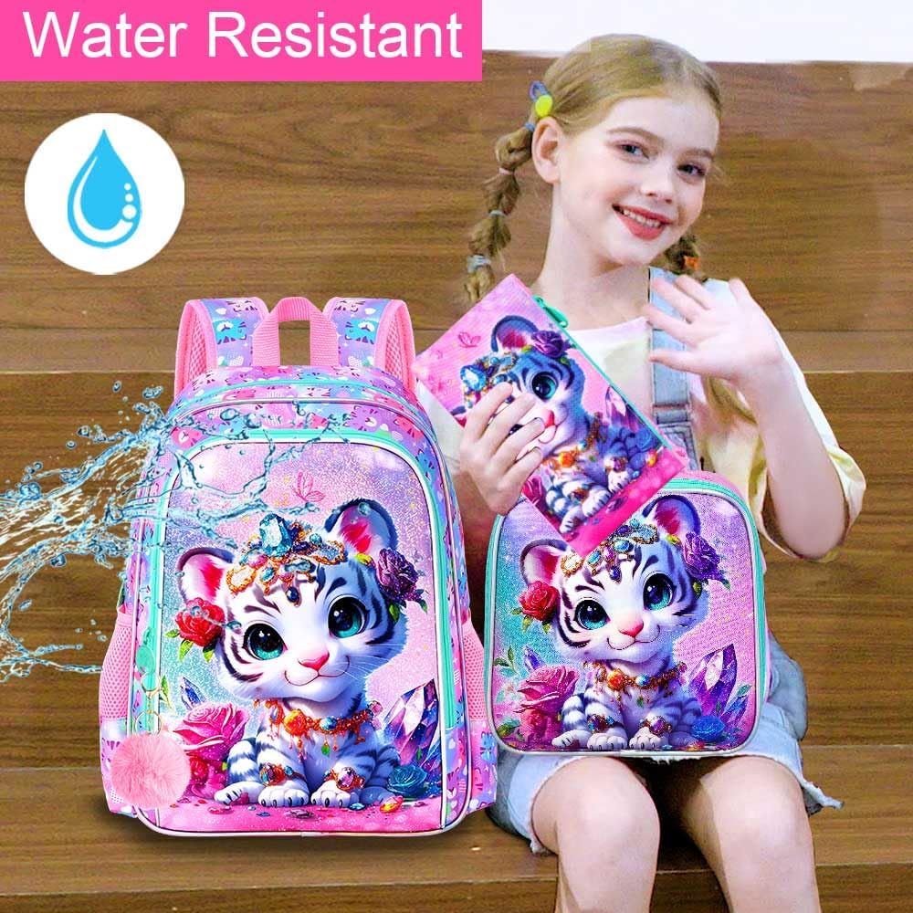 16" Girls Backpack, 16" Kids Bookbag with Lunch Box,Tiger School Backpacks for Elementary Preschool Kindergarten (Pink)