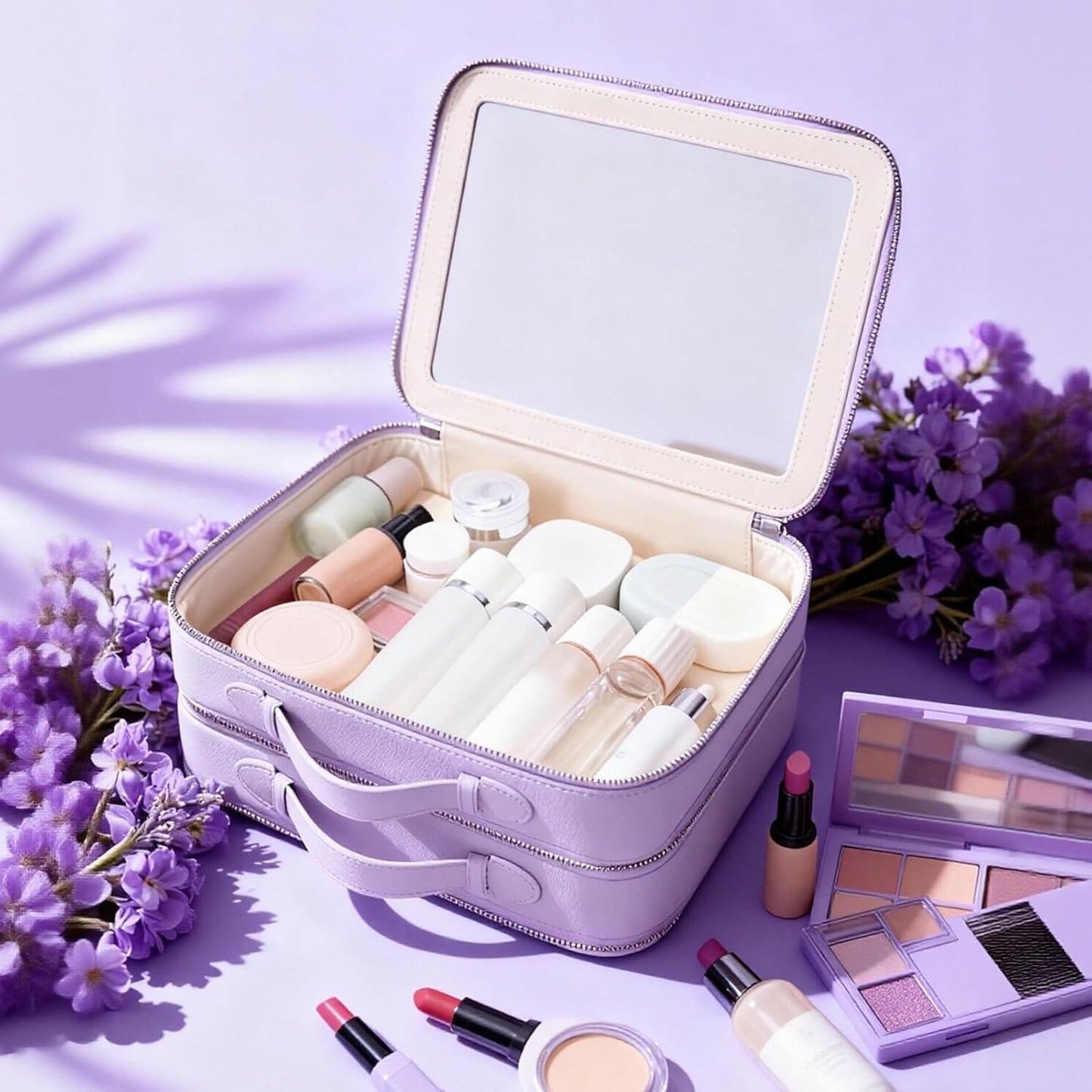 Clear Makeup Bag,Large Toiletry Case for Women,PU Leather Travel Cosmetic Bag,Detachable Makeup Case,Double Compartment Make up Organizer