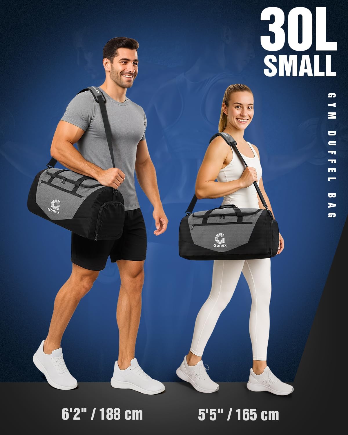 Gonex Gym Duffel Bag with Shoe Compartment Wet Pocket, Large Capacity Sports Duffle Bag for Men Women, Workout & Travel Bag with Multiple Pockets, Black/Gray, Small (30L)