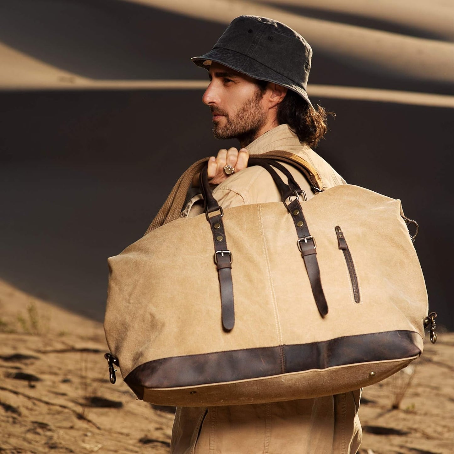 Men's Waxed Canvas Vintage Overnight Duffel Weekend Business Excursion Road Bag Travel Luggage