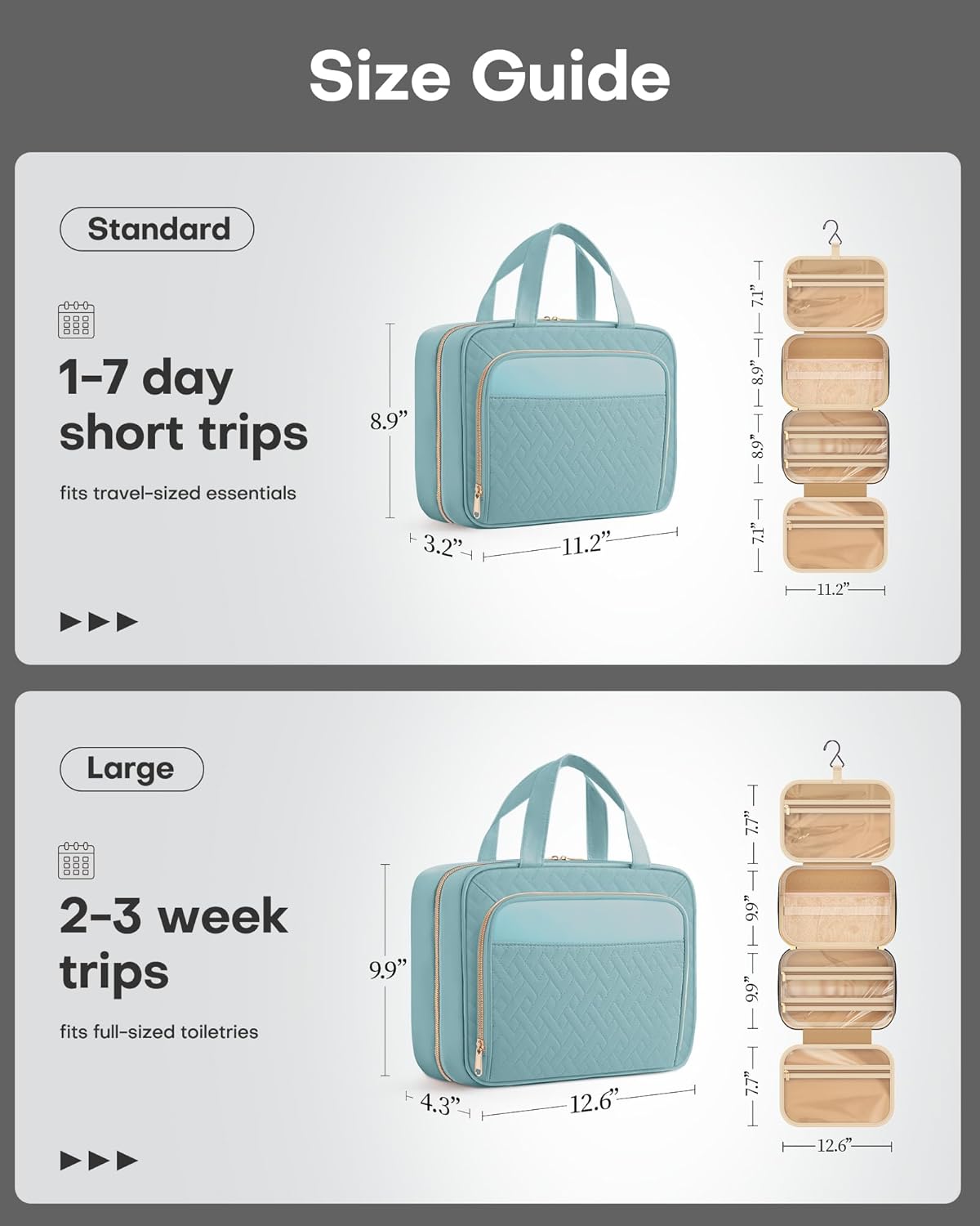 HOTOR Travel Toiletry Bag for Women & Men, Waterproof Makeup Bag with Hanging Hook and Multiple Pockets, Cosmetic Bags for Women, Travel Essentials, 11.2'' x 3.2'' x 8.9'', Light Blue