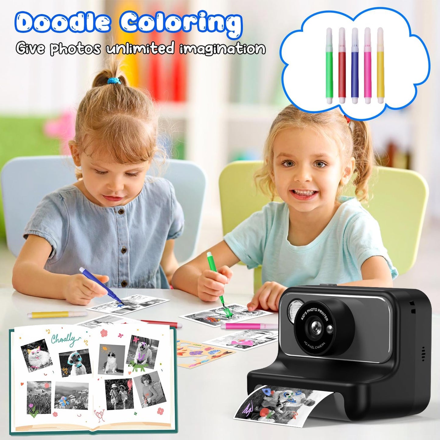 Kids Camera Instant Print, Christmas Birthday Gifts for Girls and Boys, Kids Camera 1080P HD Video Digital Camera, Toddler Toy for 3-12 Years Old, Black