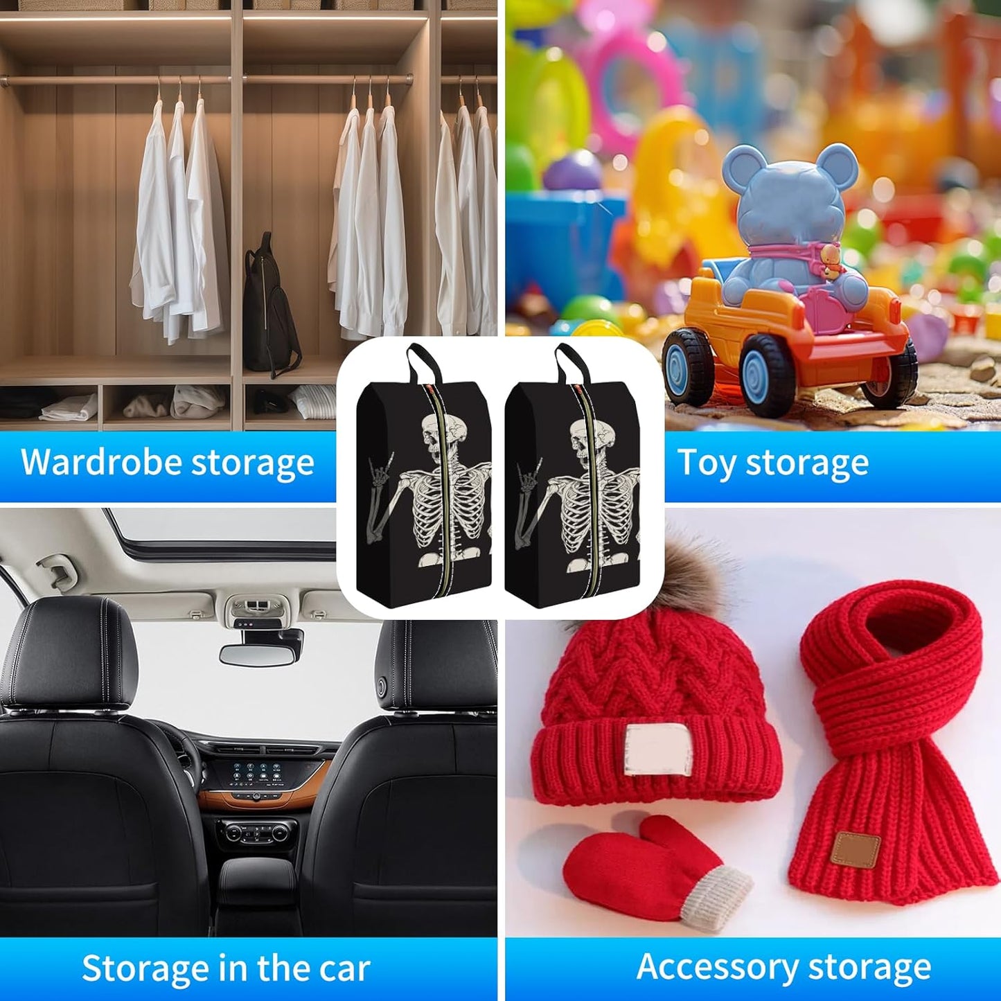 2pcs Shoe Organizer for Travel, Packing Shoe Travel Bags, Cute Shoe Bag with Zipper & Handle, Portable Travel Essentials for Women and Men Skull Human Skeleton