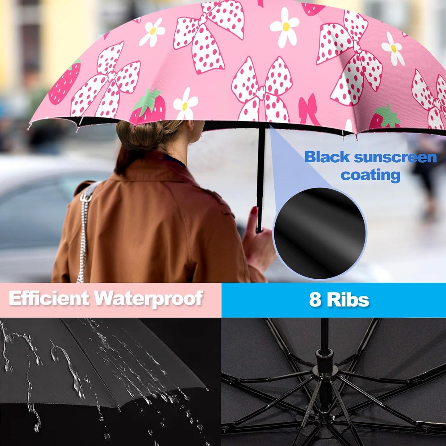 Small Travel Folding Umbrella for Girl, Portable, UV, SunShade, Compact, Automatic, Rain & Wind