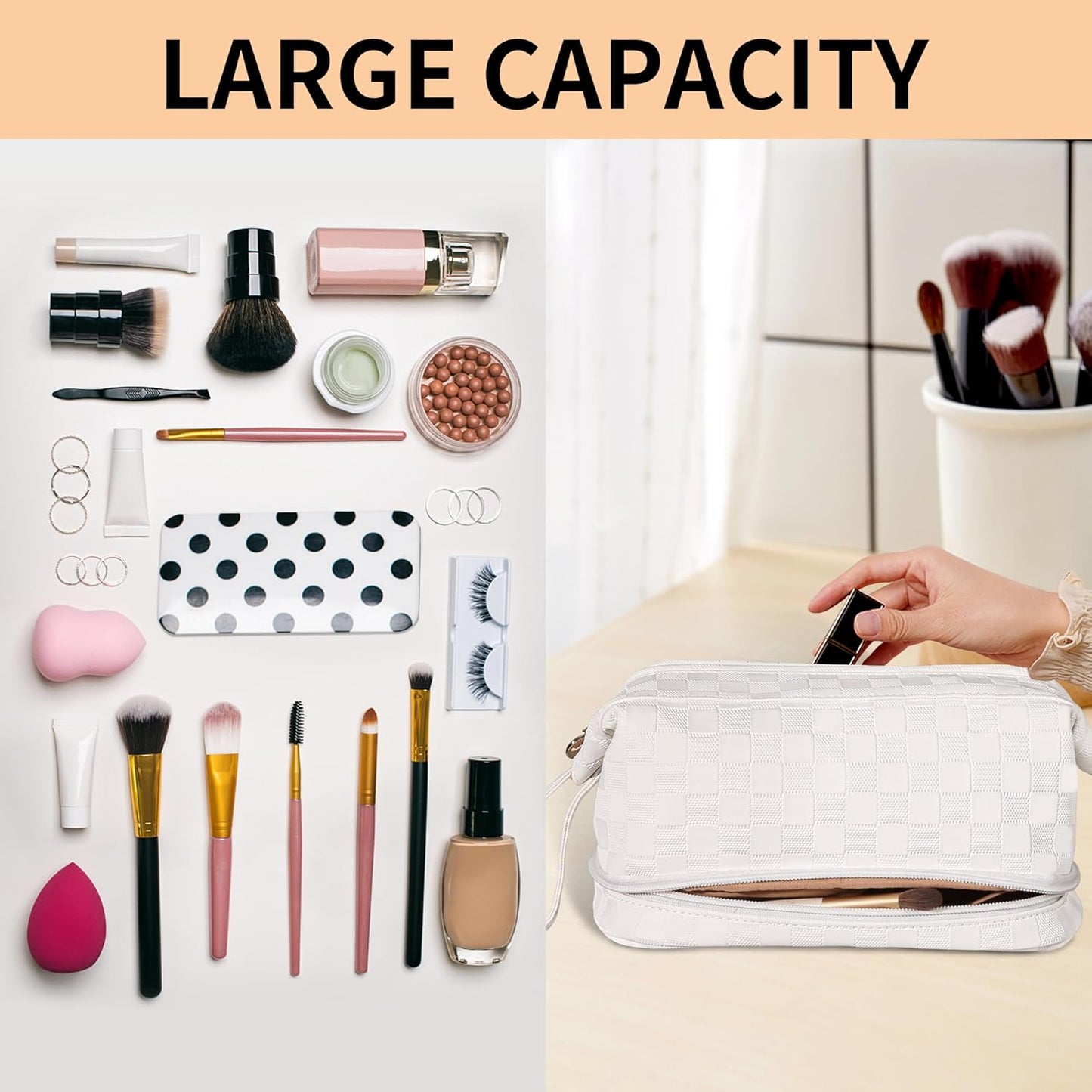 Abiudeng Large Capacity Makeup Bag Ladies Cosmetic Bag Travel Bag with Compartments Portable PU Leather Travel Makeup Bag with Handle
