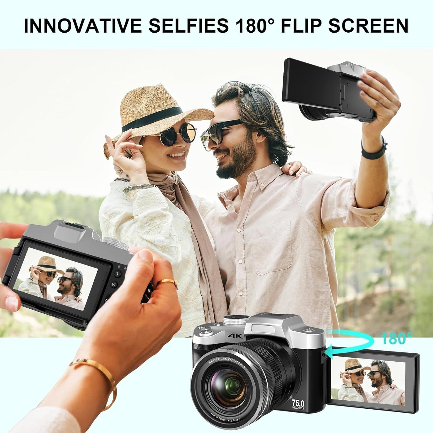 Yatao Cameras for Photography & Vlogging,75MP 4K Digital Camera with Flip Touchscreen, 10X Optical Zoom, WiFi, 64GB TF Card, Card Reader, Compact YouTube Camera for Travel, Beginners, Creators