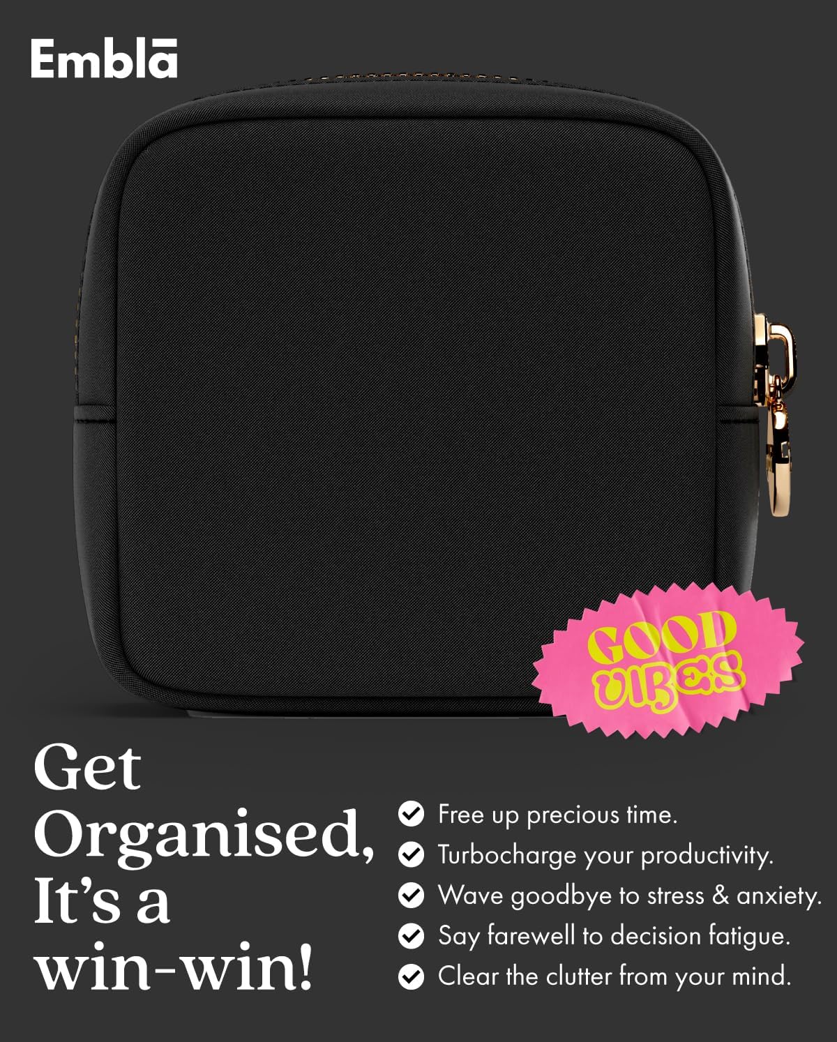 Embla Makeup Bag Travel Cosmetics Pouch and Toiletry Bag, Nylon Zipper Pouch Purse, Cute Make Up Organizer Storage Tote for Women Girls, Waterproof Travel Skincare Case, Small Makeup Bags, Black Noir