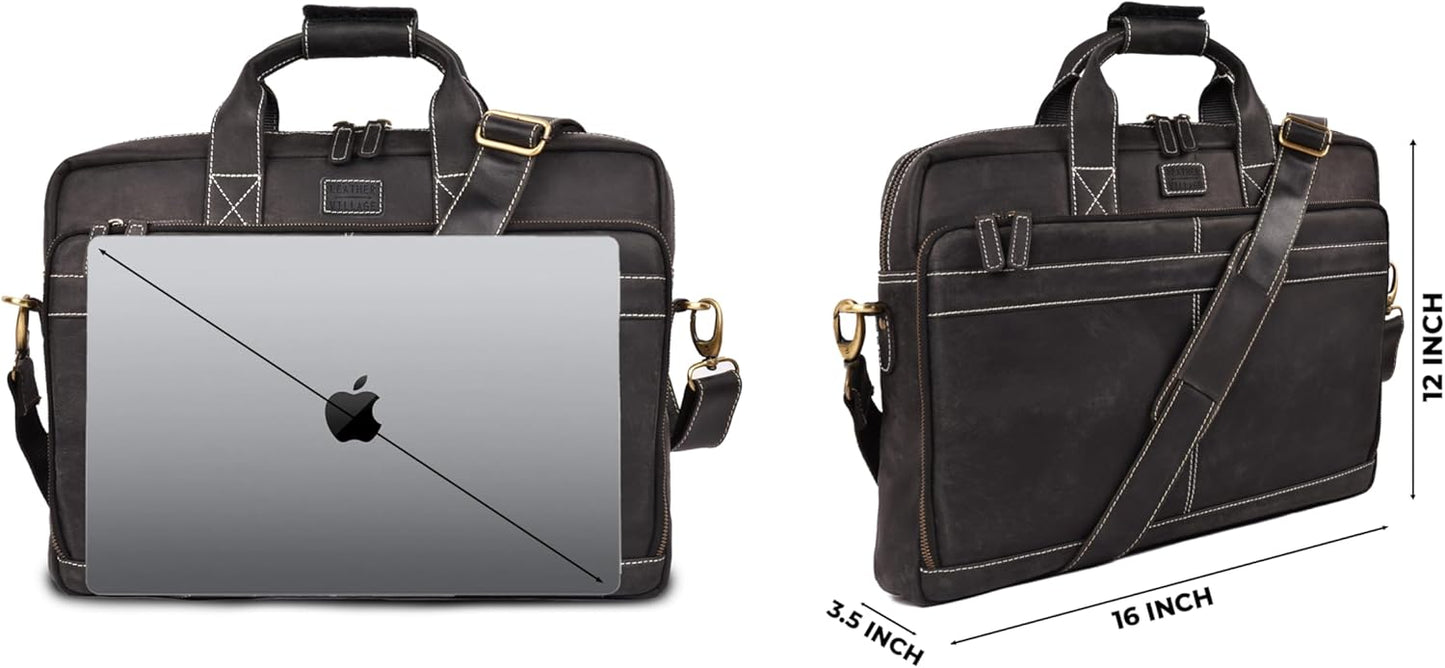 LEATHER VILLAGE 16" Leather Laptop Messenger Briefcase Bag for Men-Leather Satchel for Travel and Office Shoulder Bag-Black