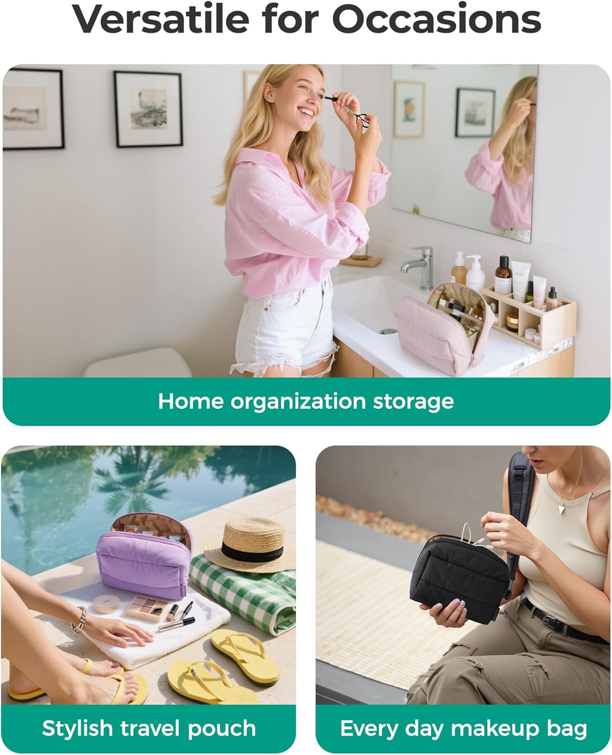 BAGSMART Puffy Makeup Bag, Wide Opening Cosmetic Bag Compact & Spacious, Water-Resistant Travel Organizer Pouches for Women (Lavender)