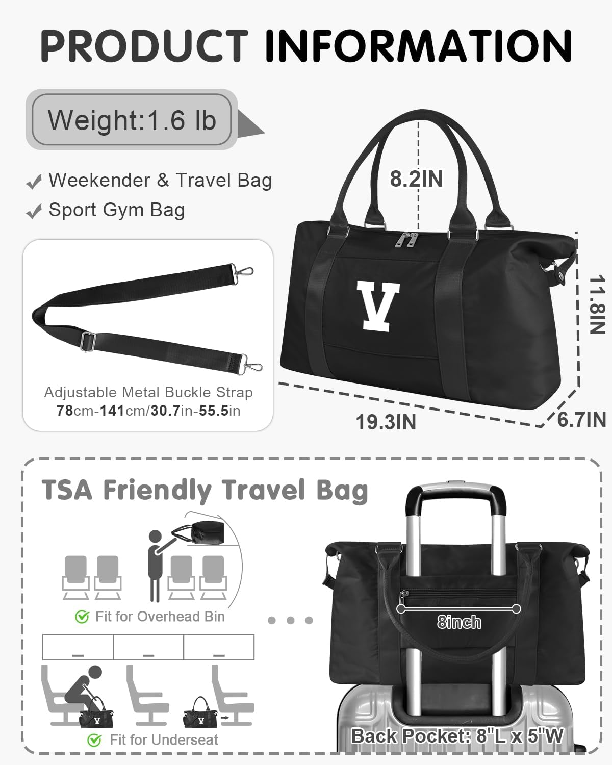 Initial Travel Duffel Bag Sports Gym Bag for Boys Teen Birthday Gifts,Black Personalized Weekender Bag Carry On Tote Bags for Men,Waterproof Overnight Luggage Bag Airplane Travel Essentials(Letter V)