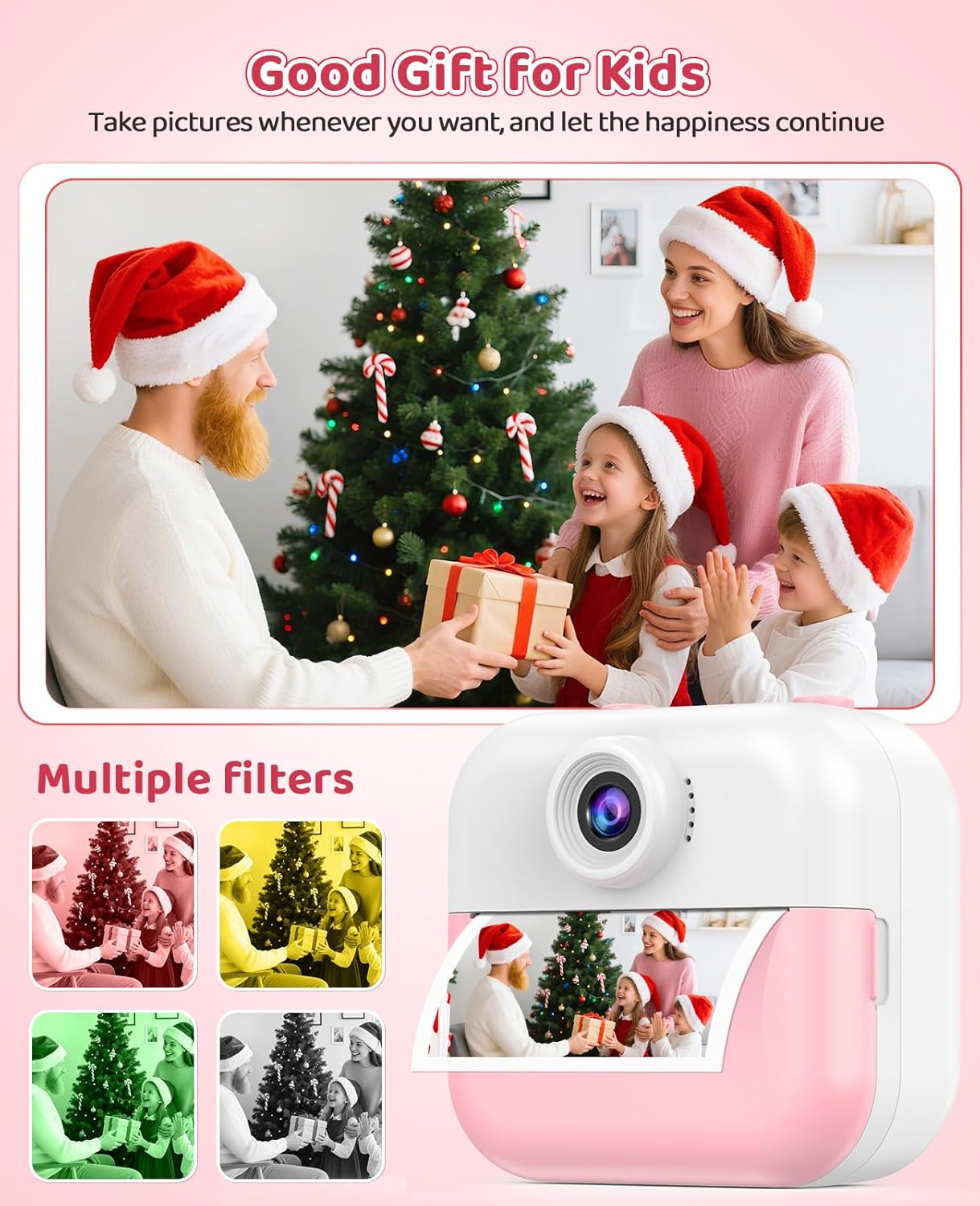 Instant Print Front Rear Dual Selfie Kids Camera for Kids Christmas Birthday Gifts for Girls Age 3-12 Portable Toys for 3 4 5 6 7 8 9 10 Year Old Girl with 32GB SD Card Digital Camera
