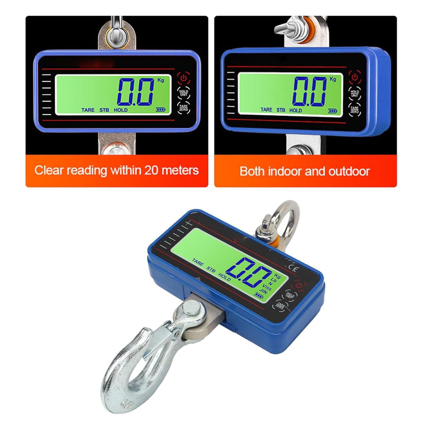 1000Kg Electronic Crane Scale, Aluminum Shell 20M Wireless Remote LED Display Thick Carabiner Scale for Fishing Luggage