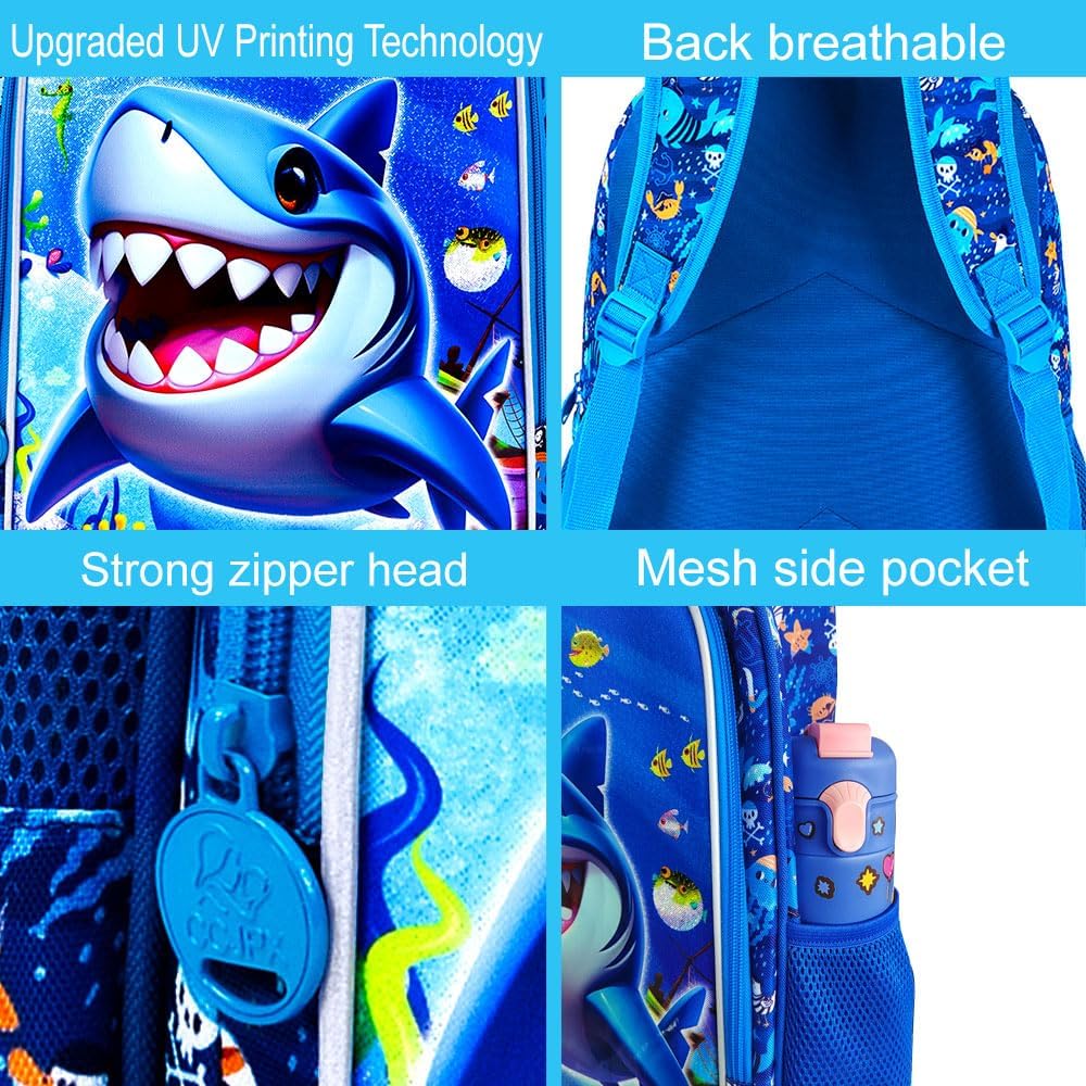 16" Shark Backpack for Boy, 3Pcs School Backpacks with Lunch Box, Kids Bookbag for Elementary Preschool Kindergarten(Blue)