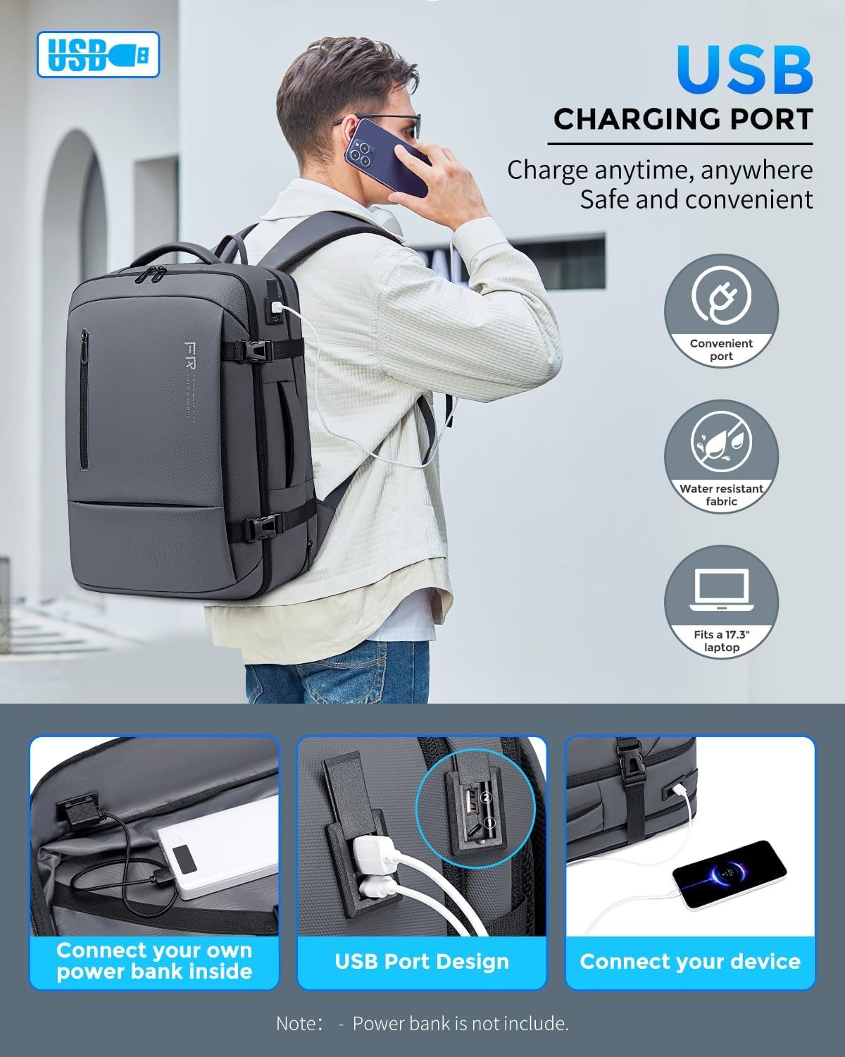 17.3 Inch Travel Laptop Backpack for Men, Water Resistant Carry On Backpack with USB Port, Expandable Computer Daypack, Grey Business Backpack for College/Work