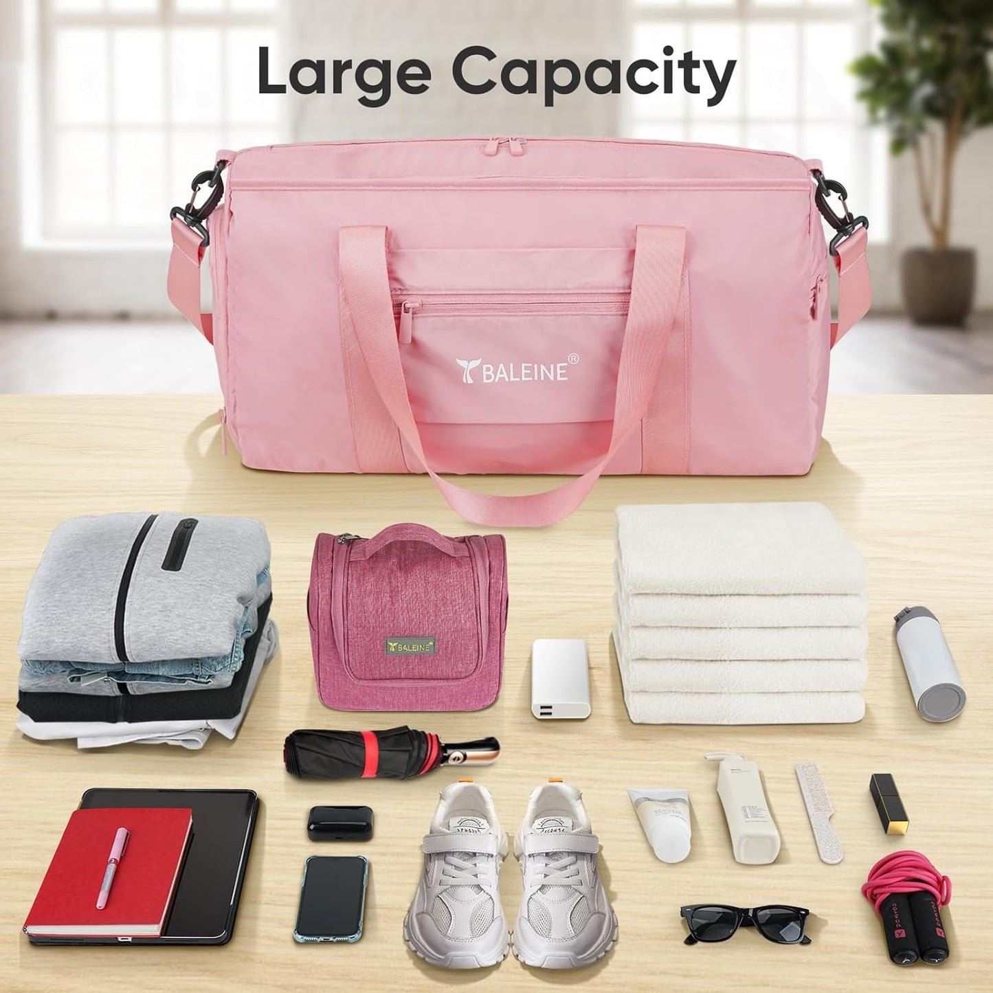 BALEINE Gym Bag for Women and Men, Duffel Bag for Sports, Gyms and Weekend Getaway, Waterproof Dufflebag with Shoe and Wet Clothes Compartments, Lightweight Carryon Gymbag (Pink)