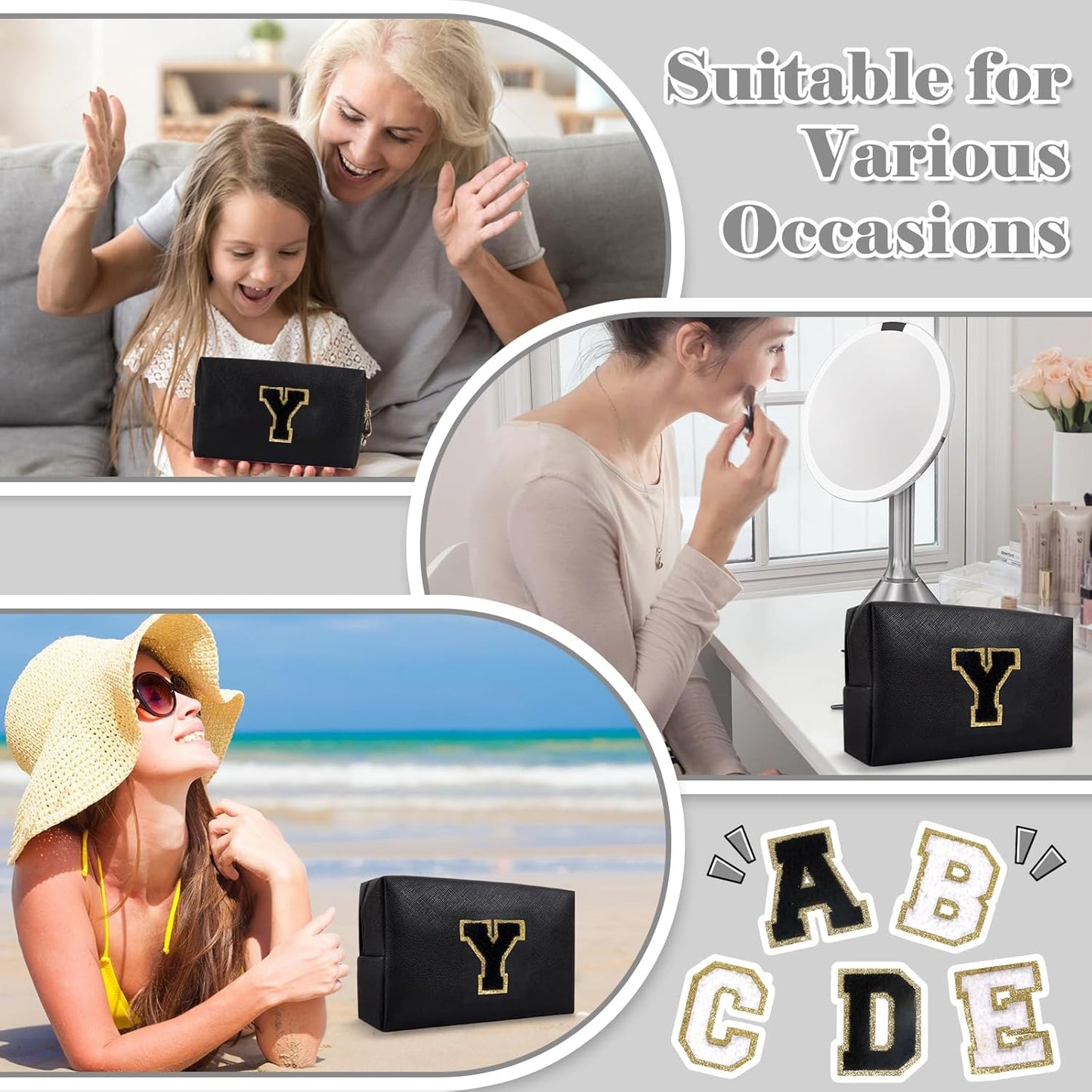 Personalized Initial A-Z Preppy Patch Makeup Bag,Small PU Chenille Letter Cosmetic Bag with Zipper for Teen Girls,Black Cute Toiletry Organizer Bag,Monogram Makeup Case Gift for Women Girls,Letter Y