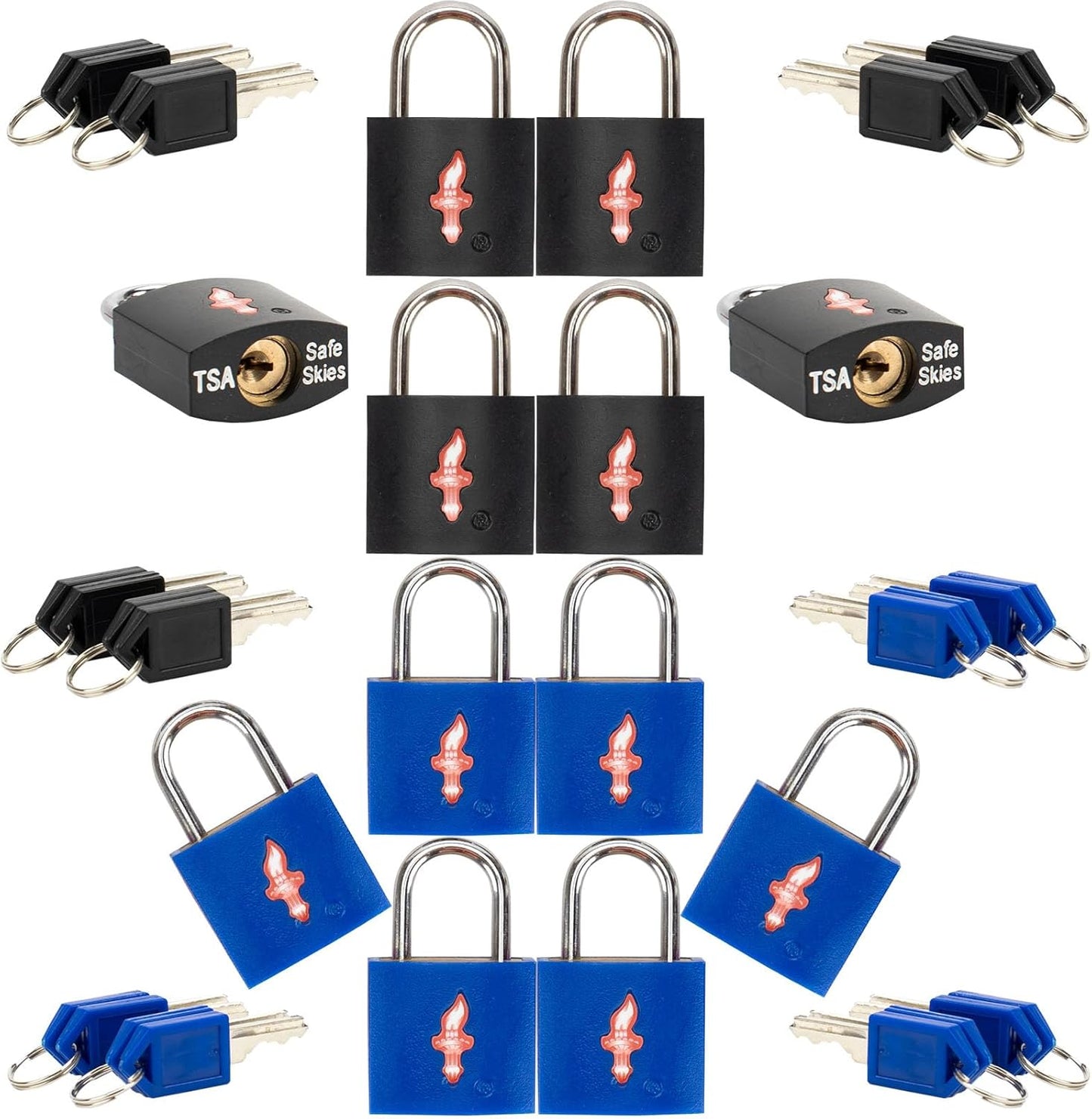 12 Pack 11/12 Inch Wide TSA Luggage Lock for Luggage, Suitcases & Gun Cases - Solid Brass Security Lock with Colored Shell (12 Colors: Black/Blue)