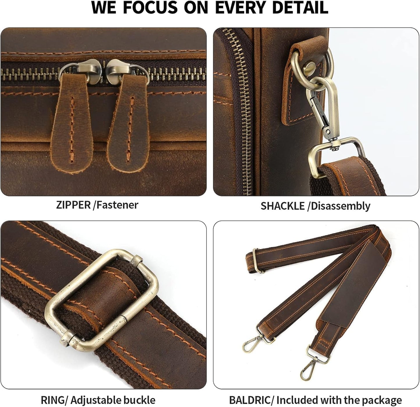 16 Inch Full Grain Leather Laptop Messenger Briefcase Bag for Men - Leather Satchel for Business Travel and Office Crossbody Shoulder Bag - Brown