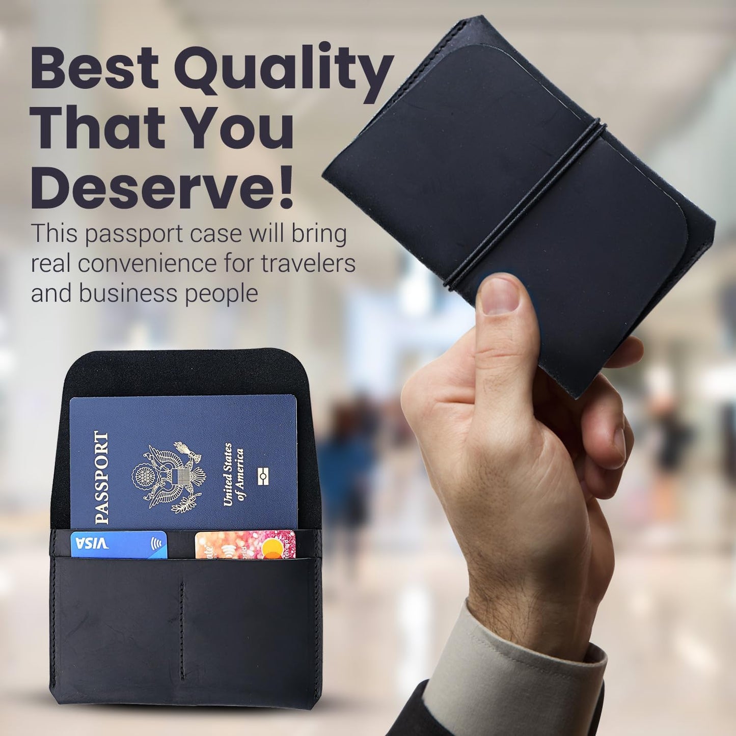 Leather Passport Holder with Travel Wallet, Genuine Leather Passport Cover- Passport Wallet, Leather Folding Wallet for Passports (Strap, Black)