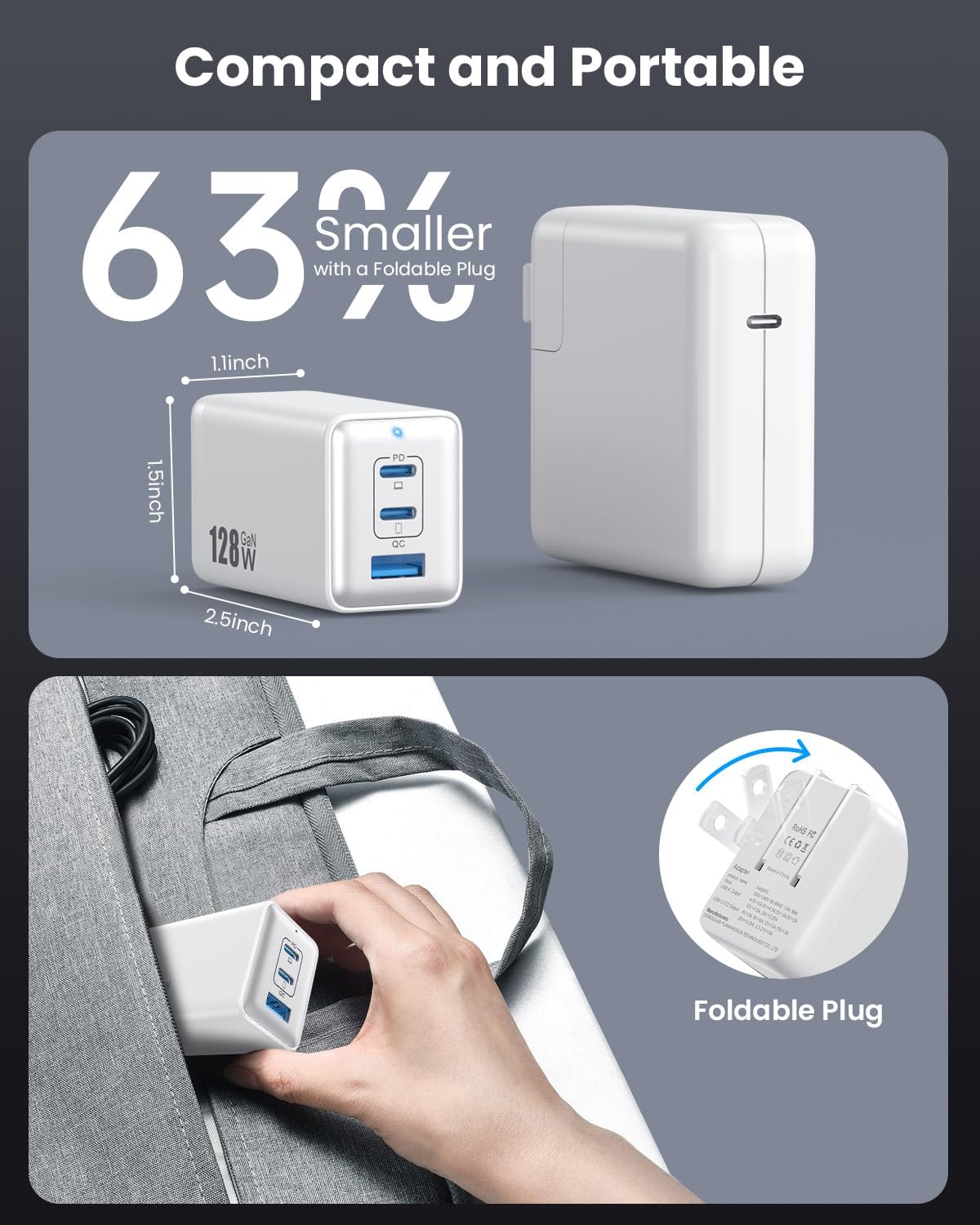 128W USB C Wall Charger,GaN III 3-Port Fast Charging Station,PD QC Foldable Charger Block Portable 65W Laptop Adapter for MacBook Pro/Air,iPad Pro,Galaxy S23,Dell XPS 13,iPhone 17/16/Pro etc