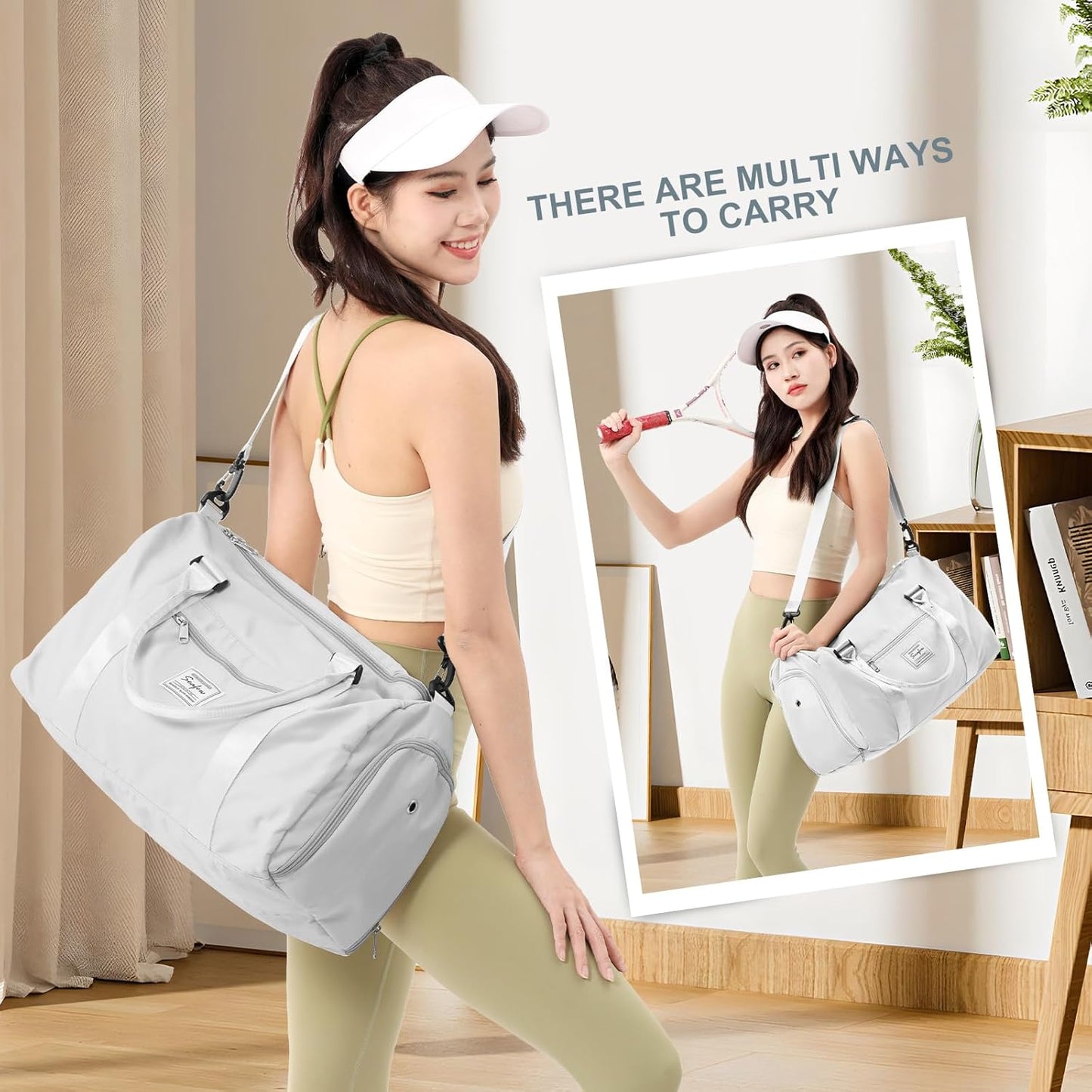 Gym Bag for Women with Shoes Compartment,Small Duffel Bag Sport bag with Toiletry Bag Overnight Travel Tote Bags Weekender Carry on Bag Personal Item Bags for Airlines Grey